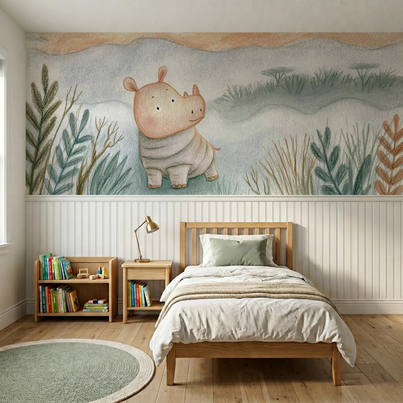 Colored pencil wainscoting mural of a rhino calf in morning mist by Whimsy Tots