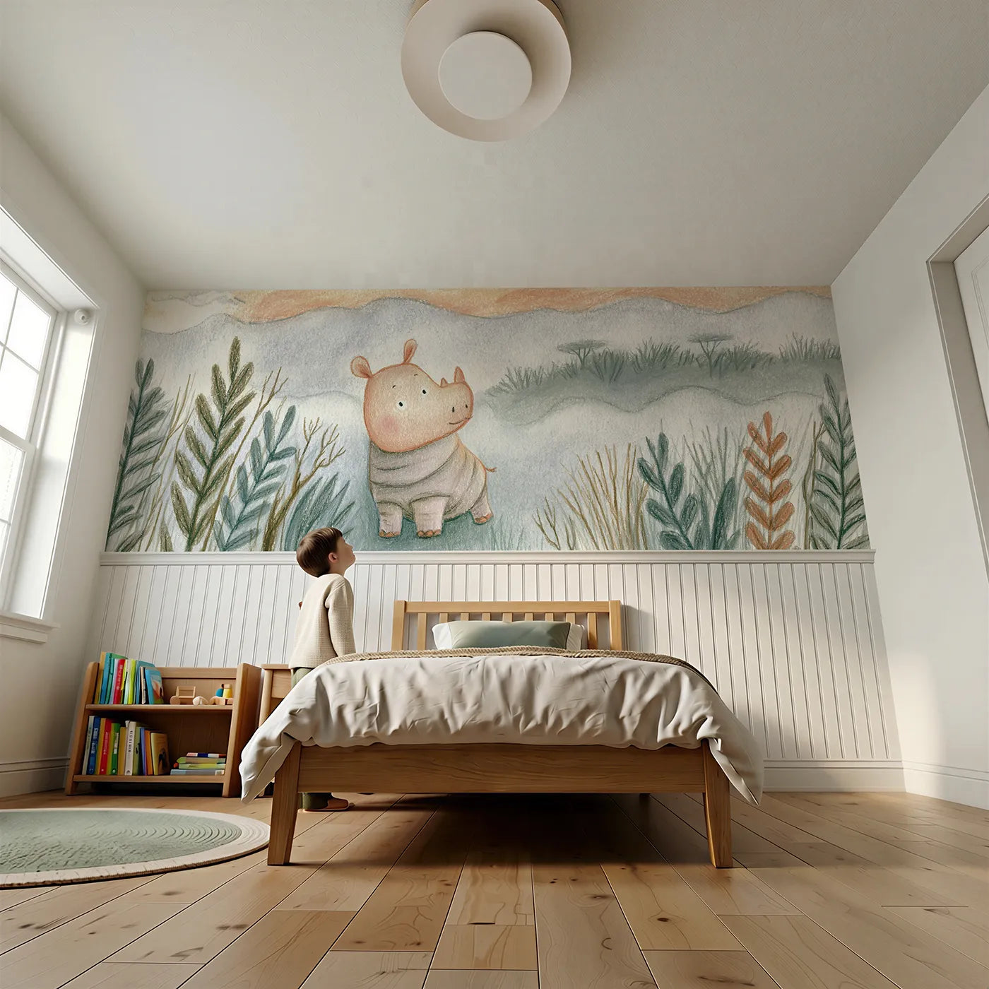 Child reading near Rhino Calf Misty Daybreak Wainscoting Wallpaper by Whimsy Tots