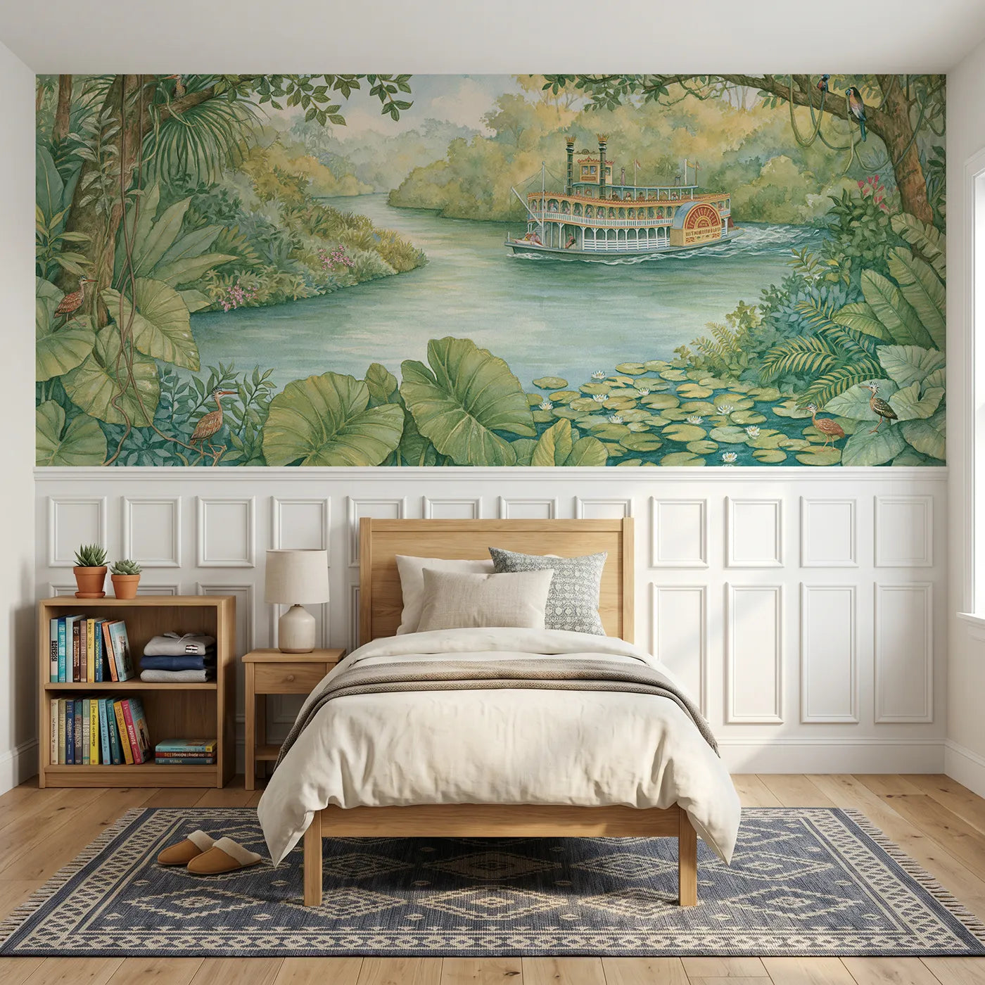 Storybook wainscoting wallpaper of a paddle steamboat on a jungle river by Whimsy Tots