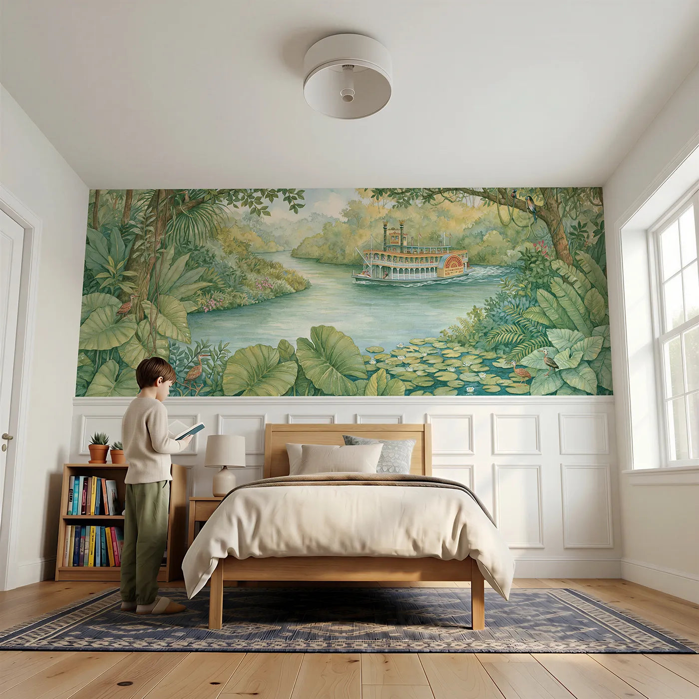 Child reading near Jungle River Steamboat Wainscoting Wallpaper by Whimsy Tots