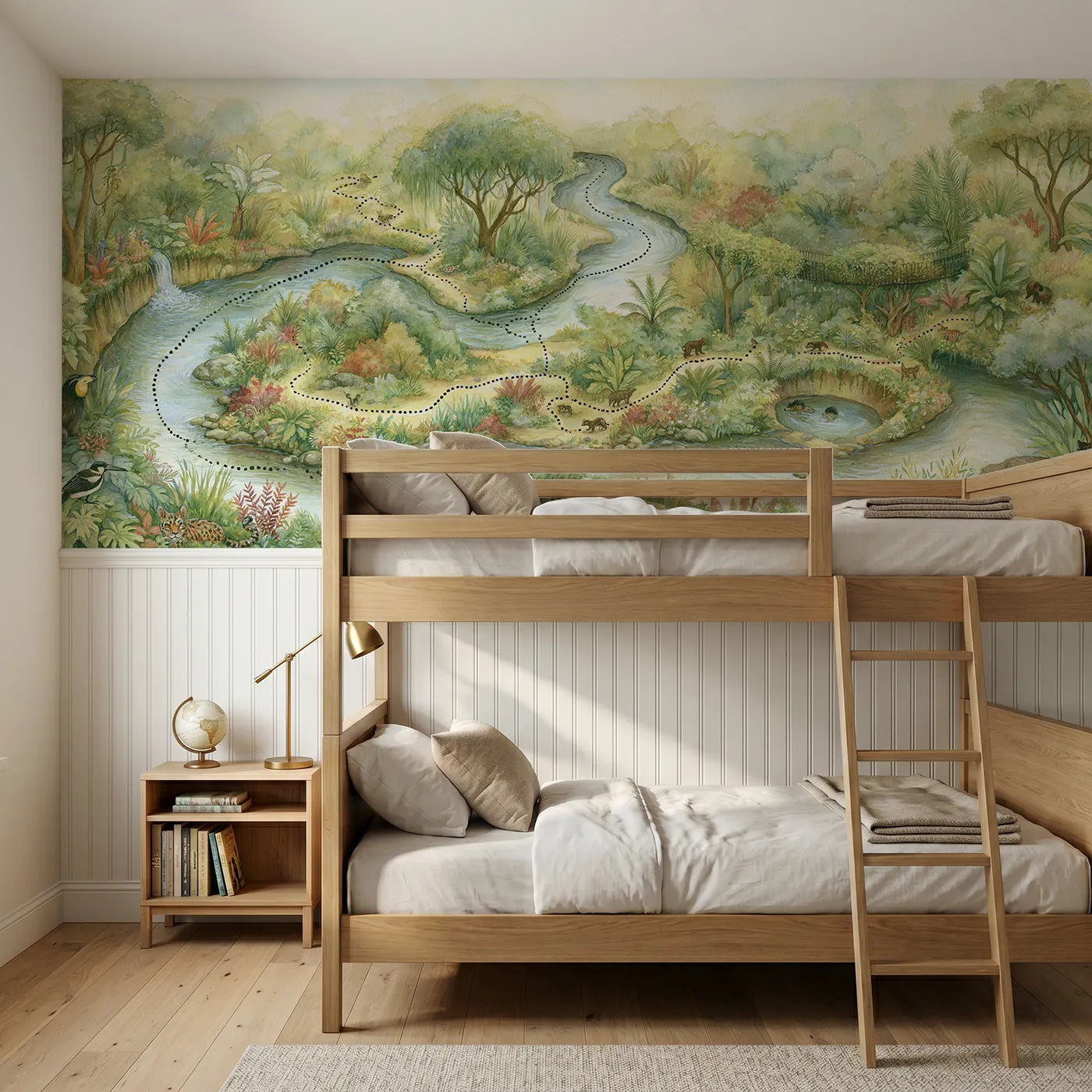 Storybook wainscoting wallpaper of a jungle river adventure map by Whimsy Tots