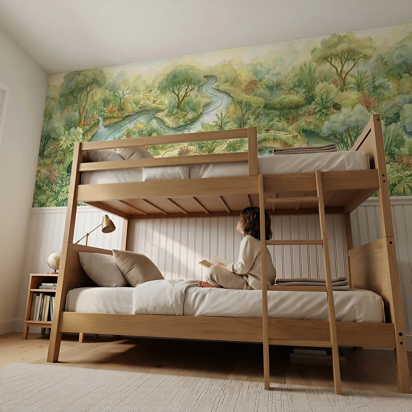 Child reading near Jungle River Adventure Map Wainscoting Wallpaper by Whimsy Tots