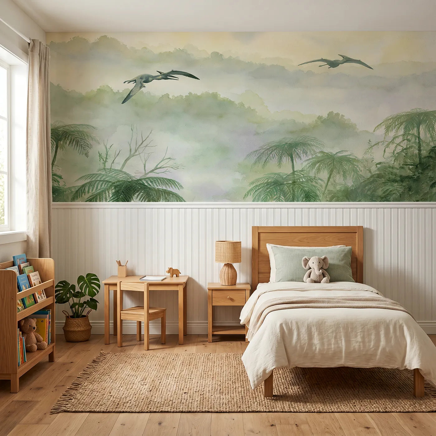 Watercolor wainscoting mural of pterosaurs gliding over a fern valley by Whimsy Tots