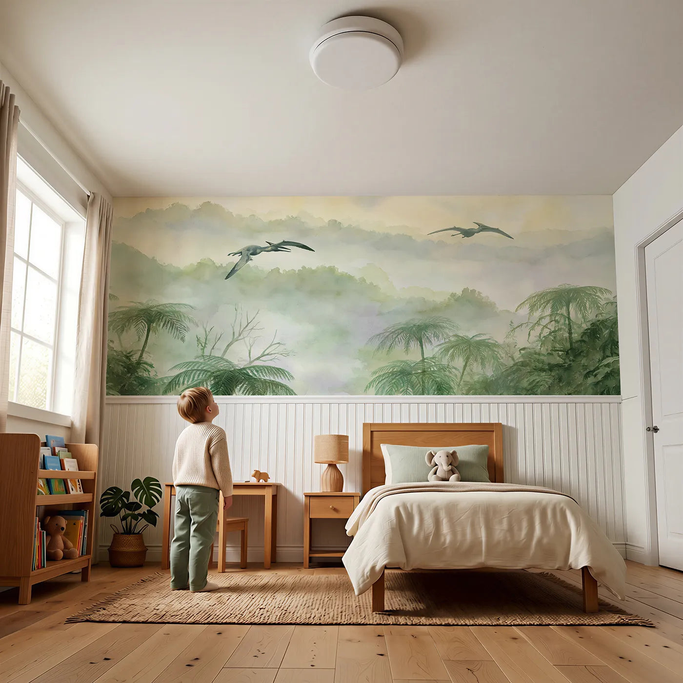 Child reading near Pterosaur Fern Valley Glide Wainscoting Wallpaper by Whimsy Tots