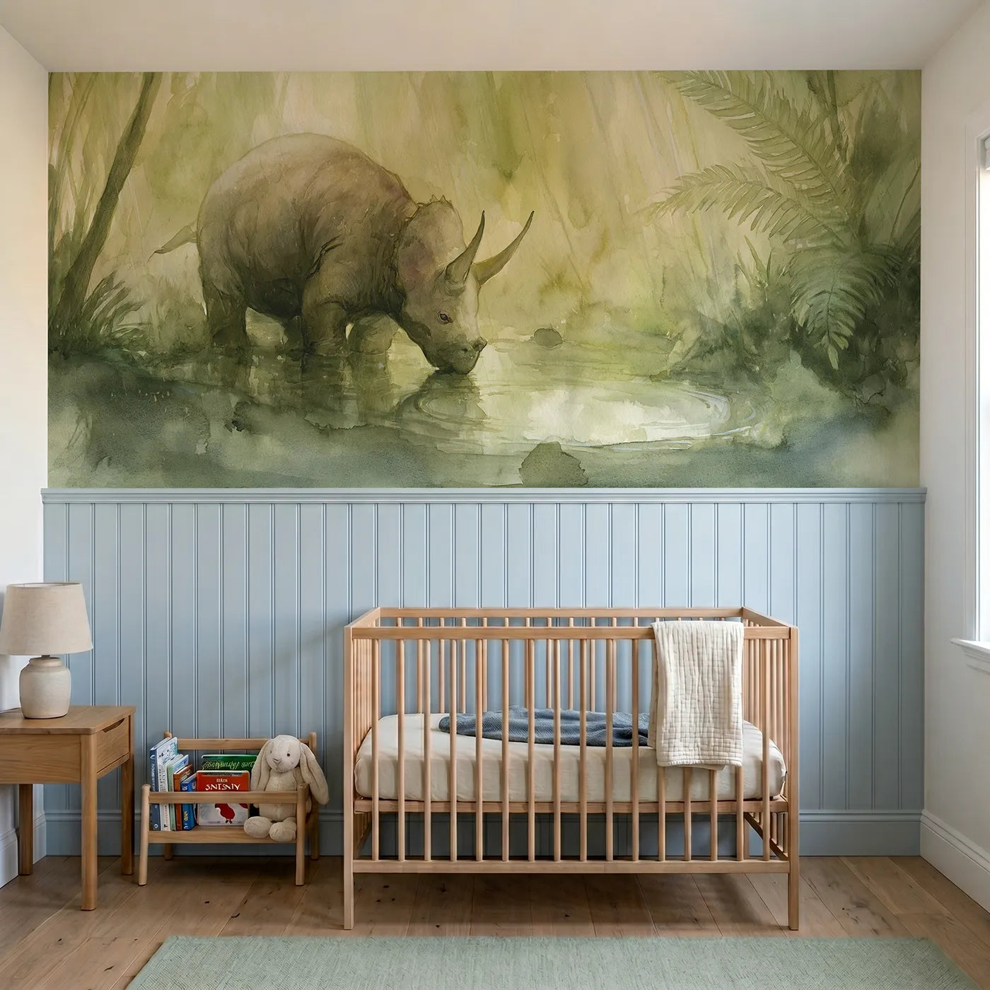 Watercolor wainscoting wallpaper of a triceratops calf at rain puddles by Whimsy Tots