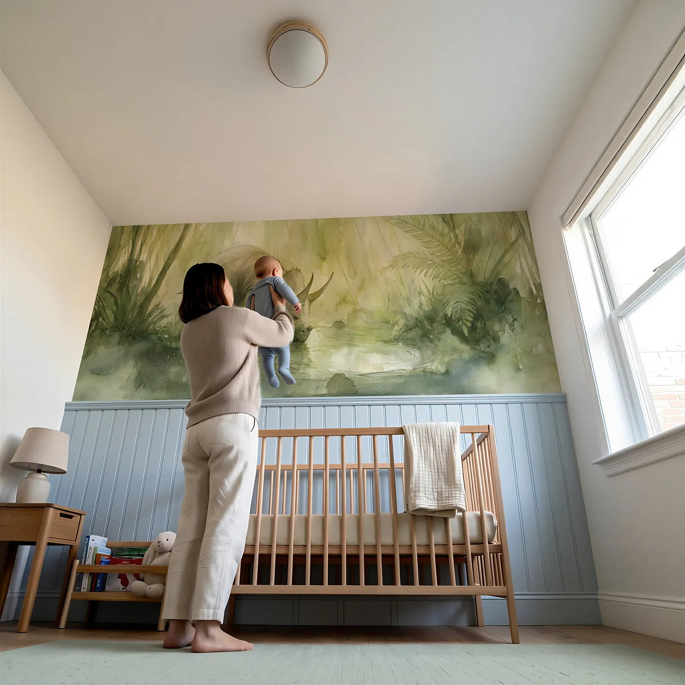 Child reading near Triceratops Calf Fresh Puddles Wainscoting Wallpaper by Whimsy Tots
