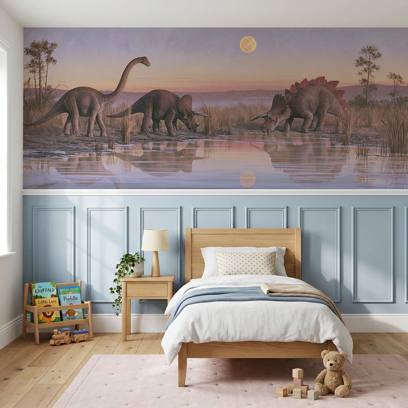 Watercolor wainscoting wallpaper of dinosaurs drinking at a moonlit lagoon by Whimsy Tots