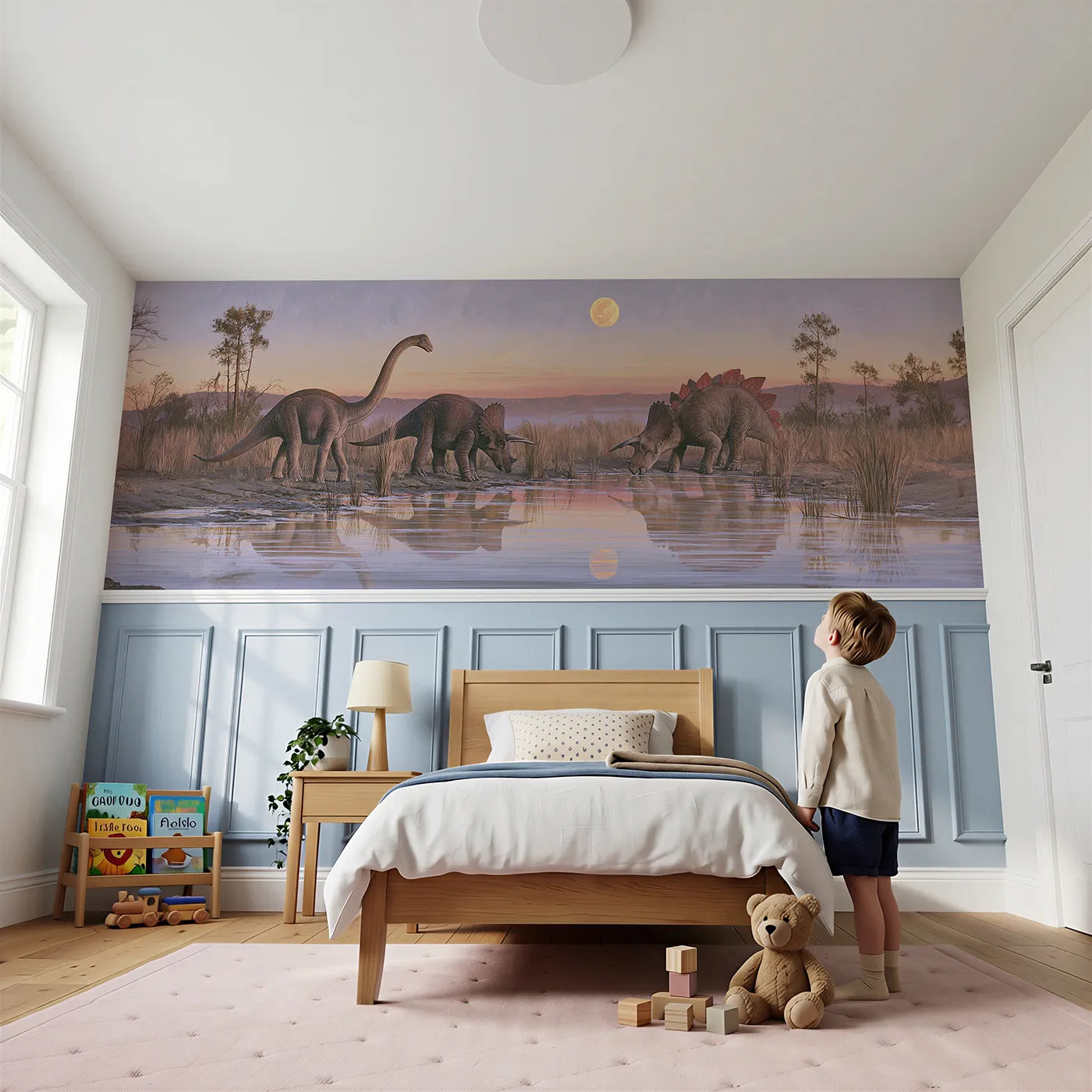 Child reading near Dinosaur Lagoon Moonrise Wainscoting Wallpaper by Whimsy Tots