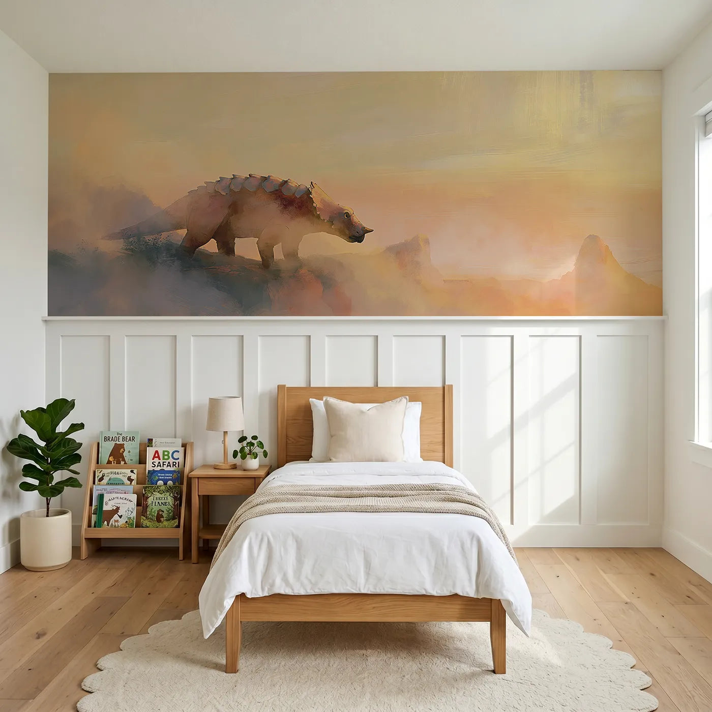 Watercolor wainscoting wallpaper of an ankylosaurus on a ridge at daybreak by Whimsy Tots