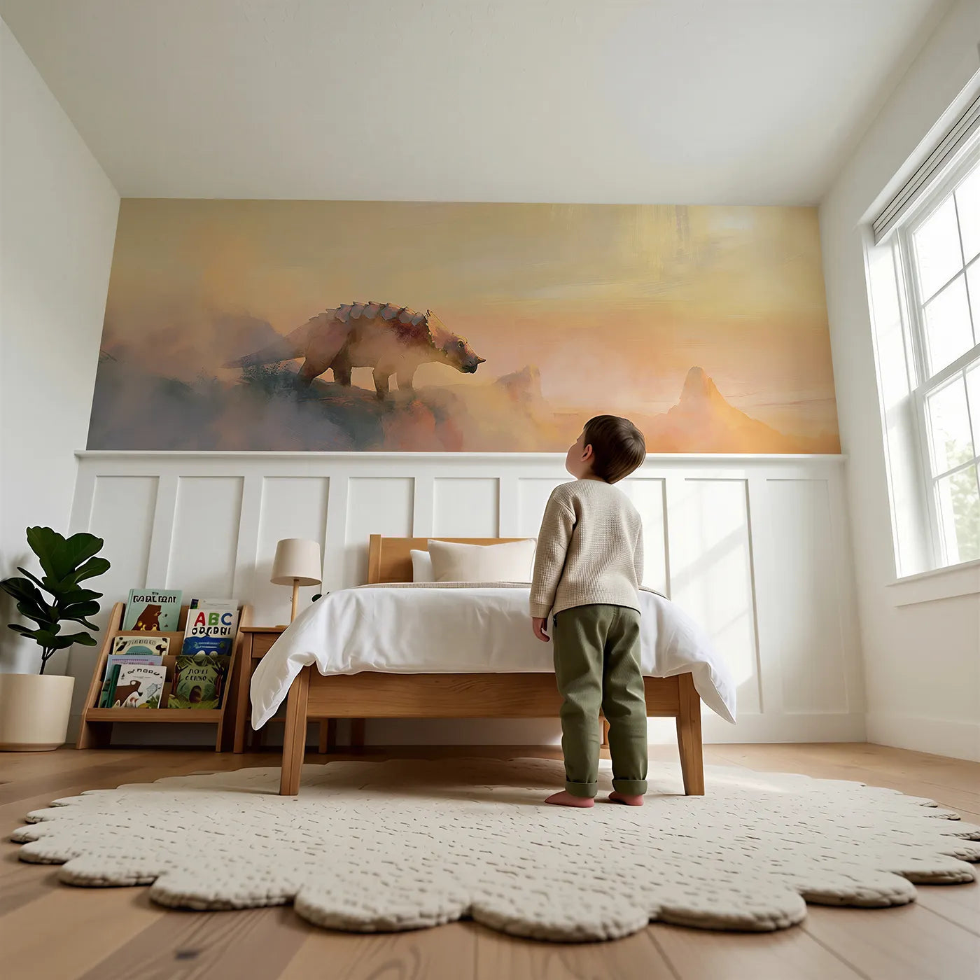 Child reading near Ankylosaurus Ridge Daybreak Wainscoting Wallpaper by Whimsy Tots