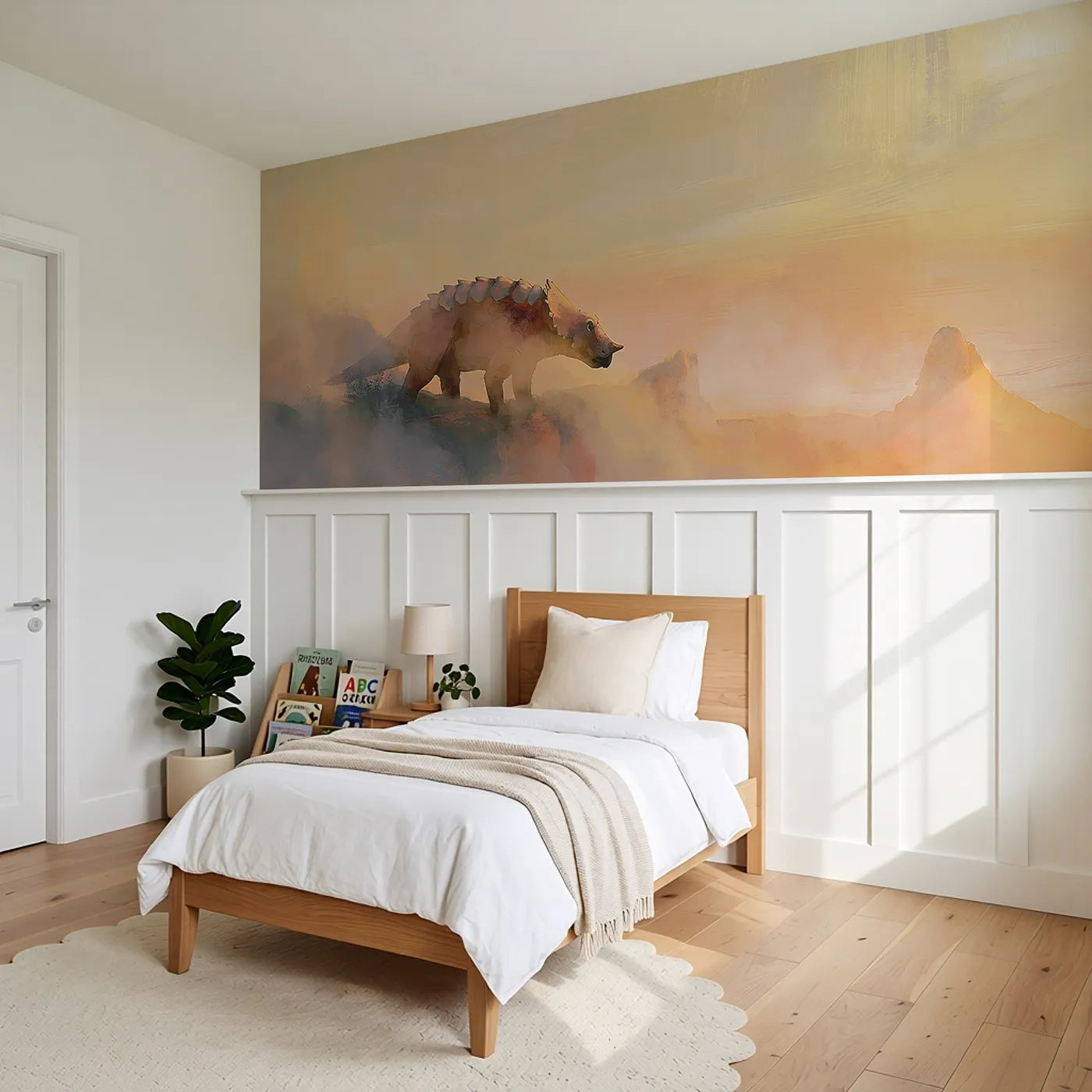 Ankylosaurus Ridge Daybreak Wainscoting Wallpaper styled in a kids room by Whimsy Tots
