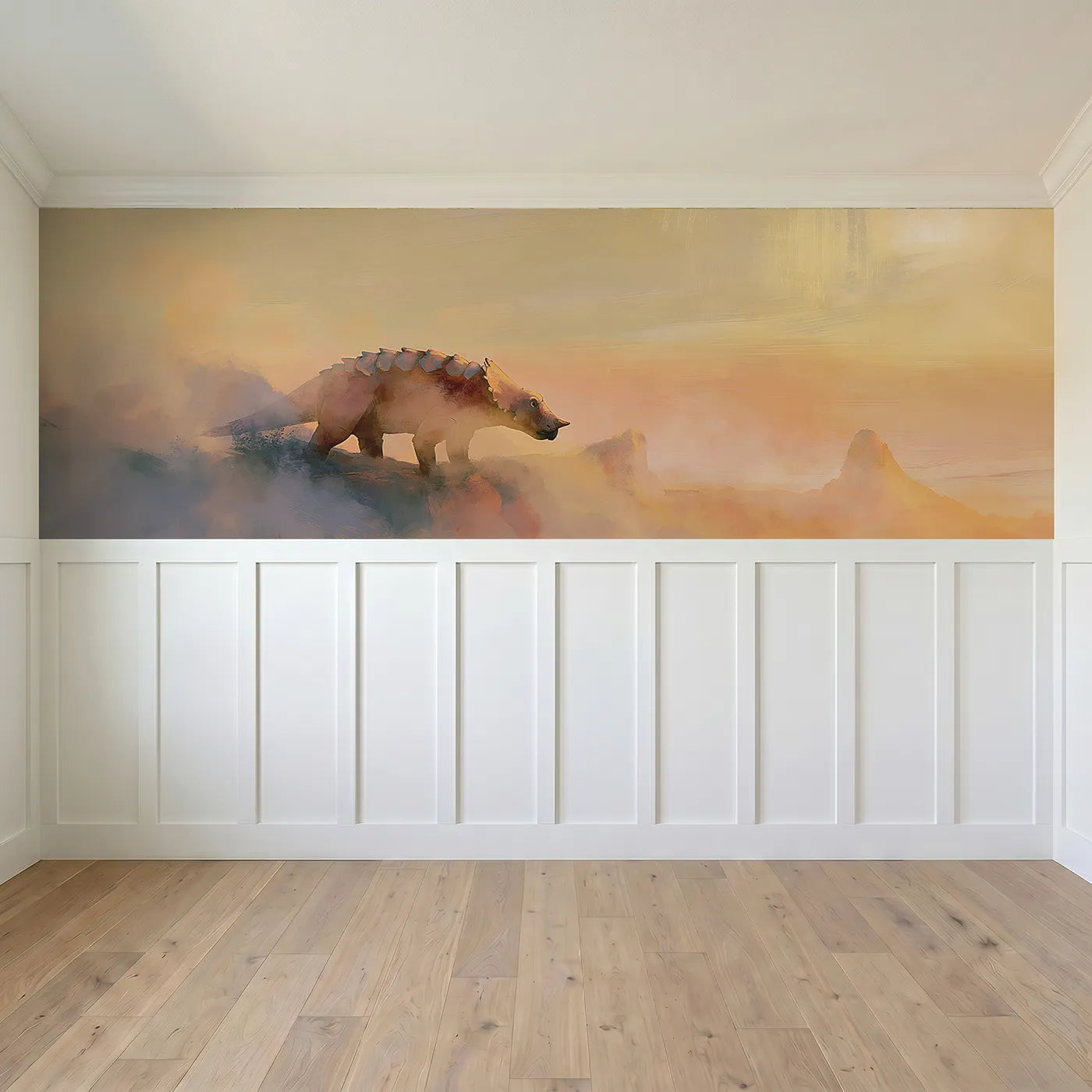Full panel view of Ankylosaurus Ridge Daybreak Wainscoting Wallpaper by Whimsy Tots