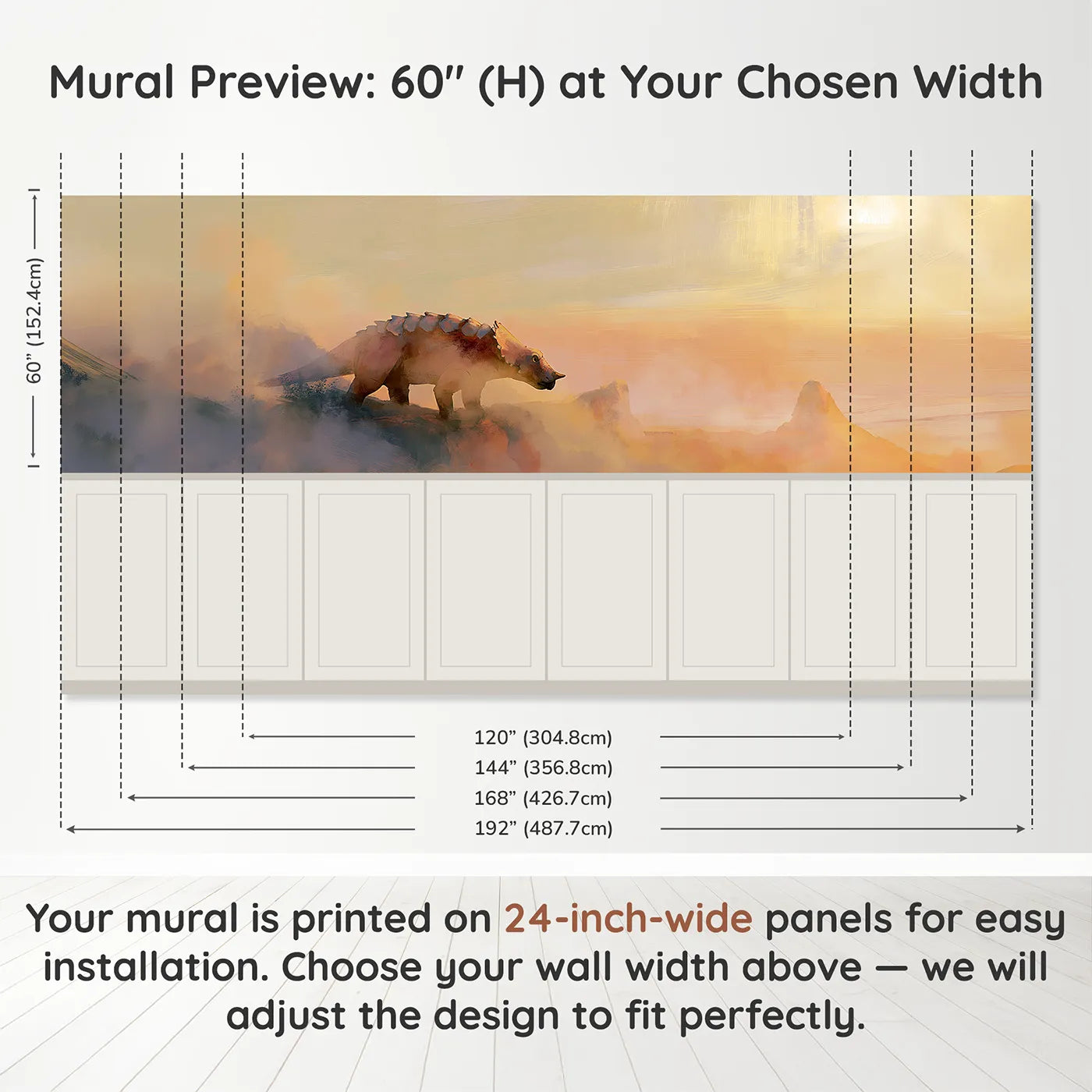 Panel dimensions for Ankylosaurus Ridge Daybreak Wainscoting Wallpaper by Whimsy Tots