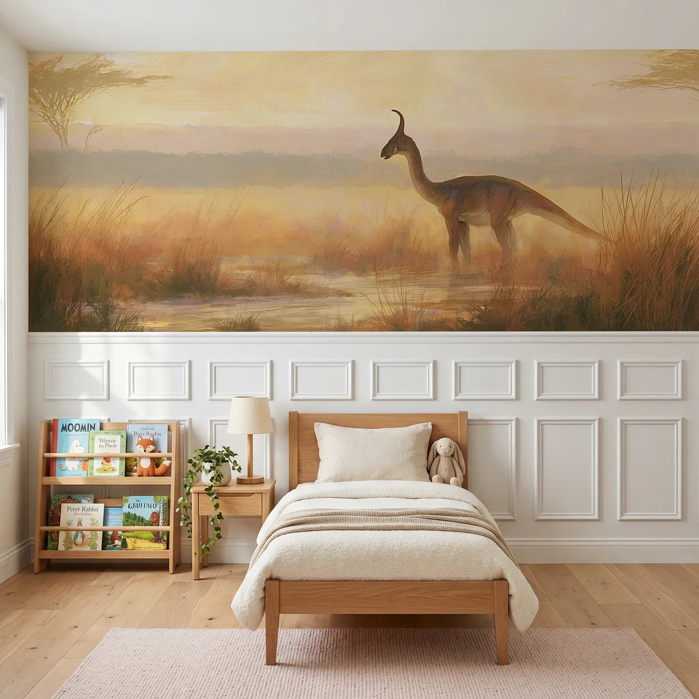 Watercolor wainscoting wallpaper of a parasaurolophus calling at dawn by Whimsy Tots