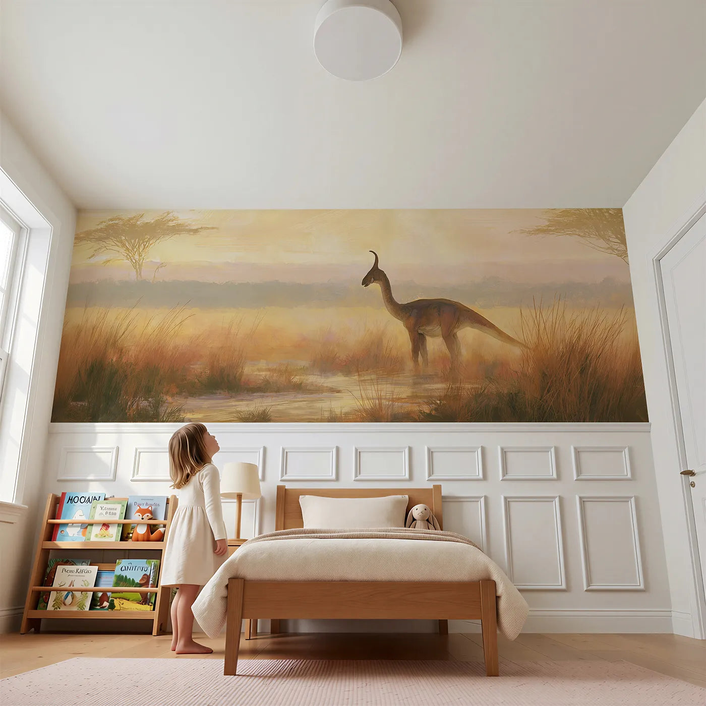 Child reading near Parasaurolophus Morning Call Wainscoting Wallpaper by Whimsy Tots
