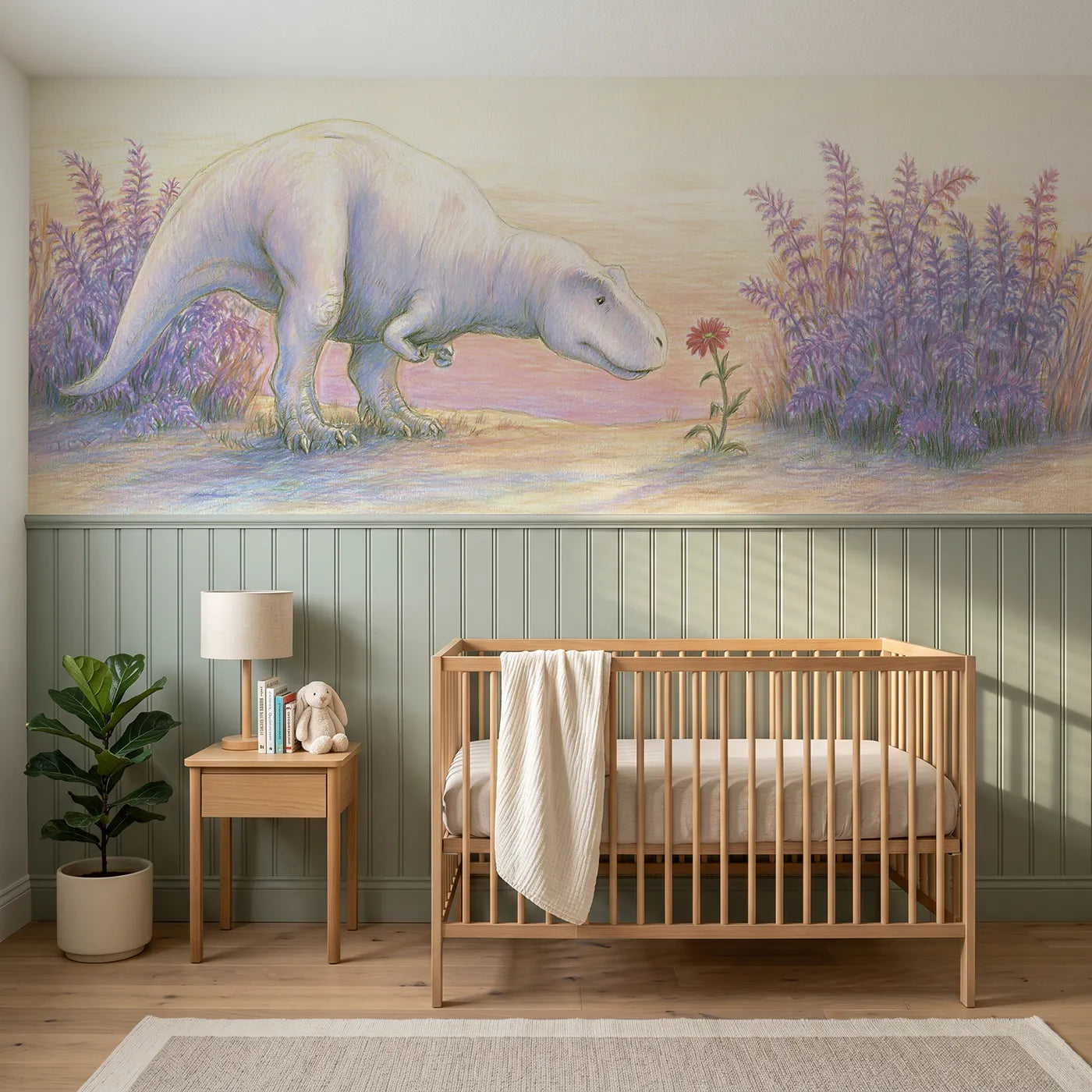 Colored pencil wainscoting wallpaper of a t-rex sniffing a flower by Whimsy Tots