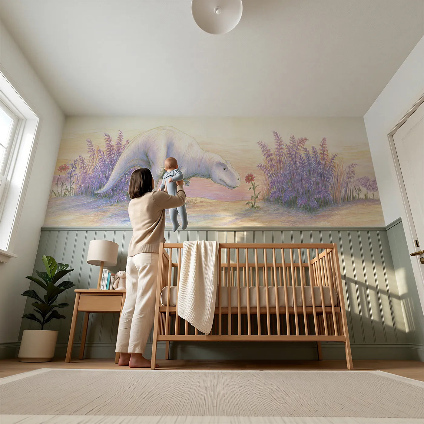 Child reading near T-Rex Flower Sniff Gentle Wainscoting Wallpaper by Whimsy Tots