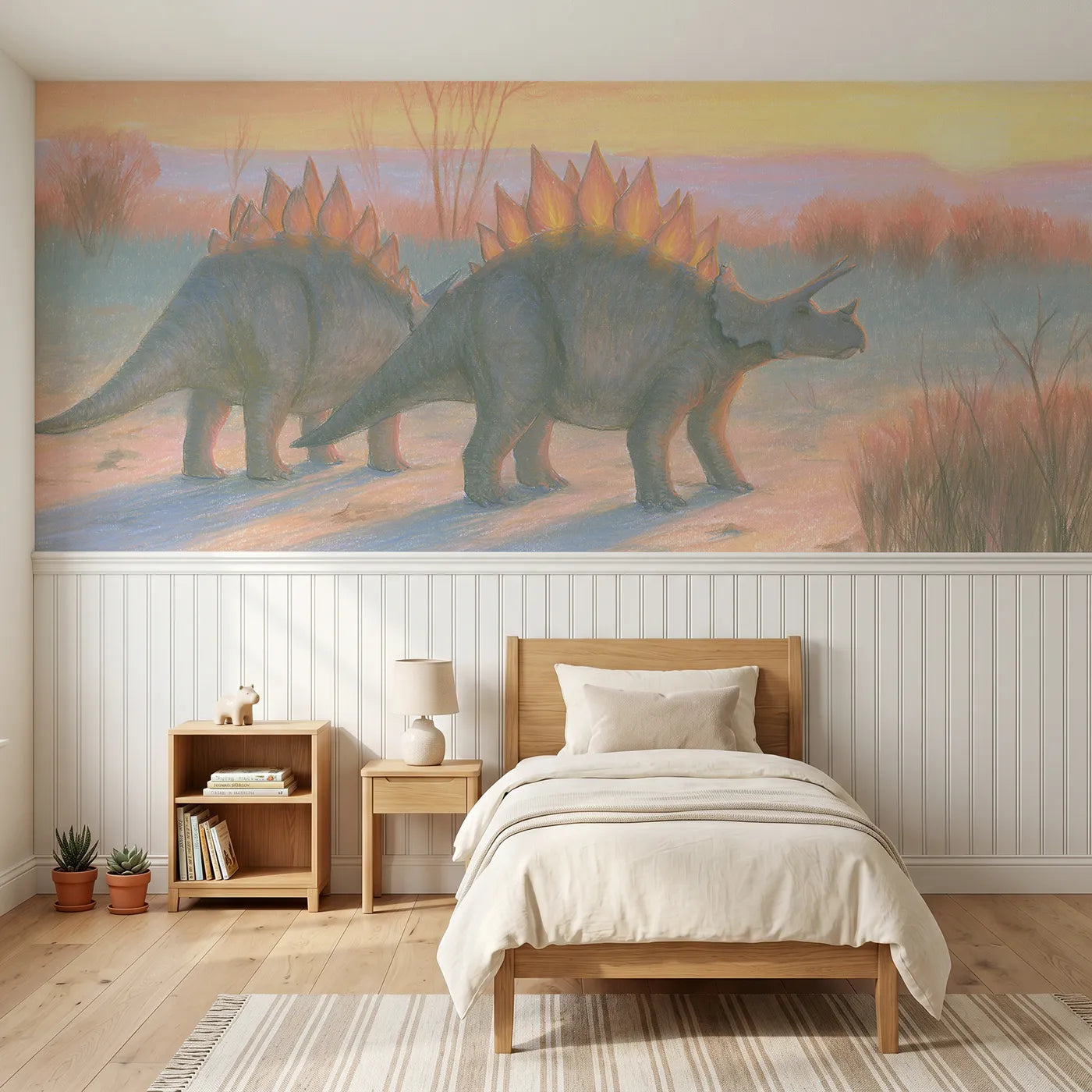 Colored pencil wainscoting mural of two stegosauruses at golden dusk by Whimsy Tots