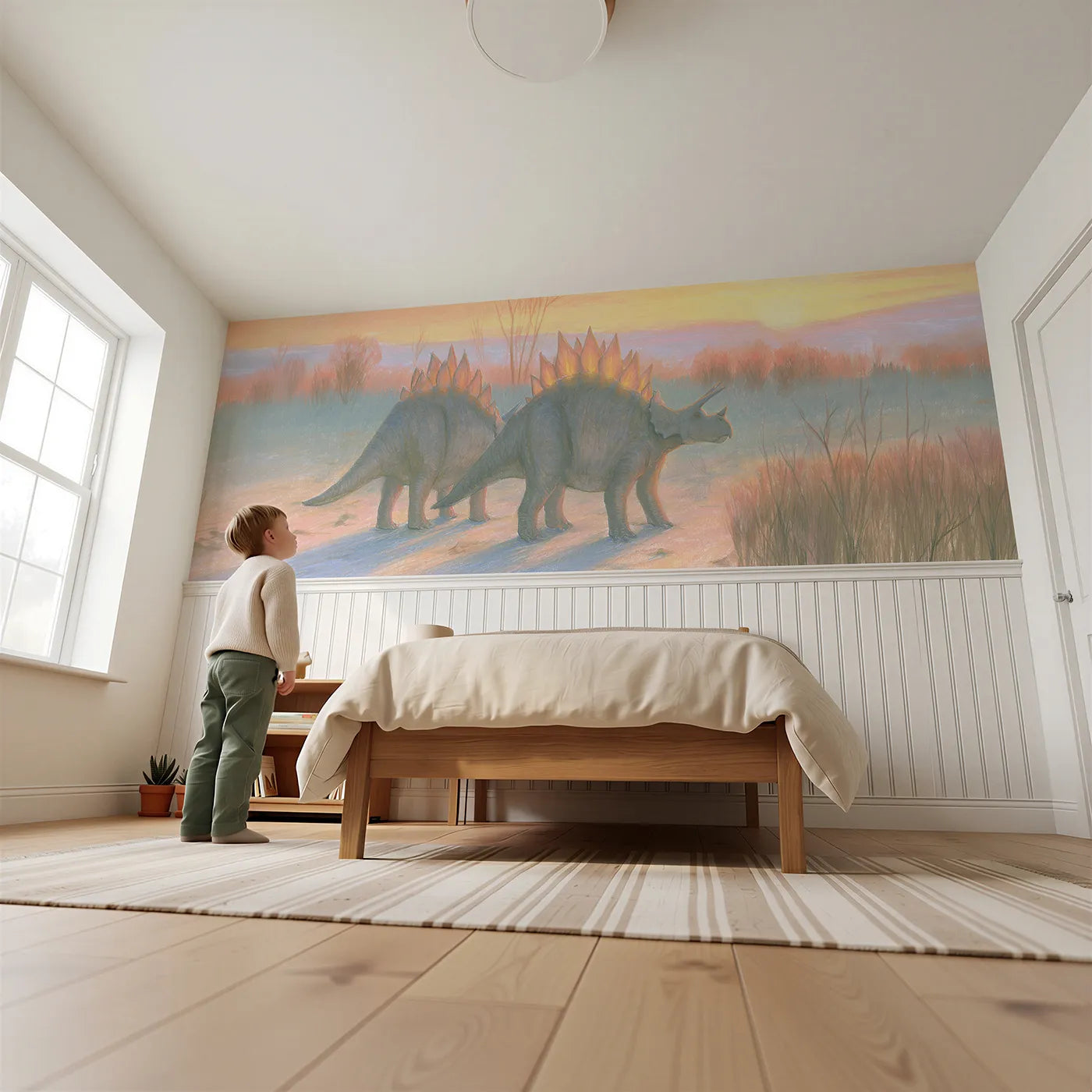 Child reading near Stegosaurus Pair Evening Plates Wainscoting Wallpaper by Whimsy Tots