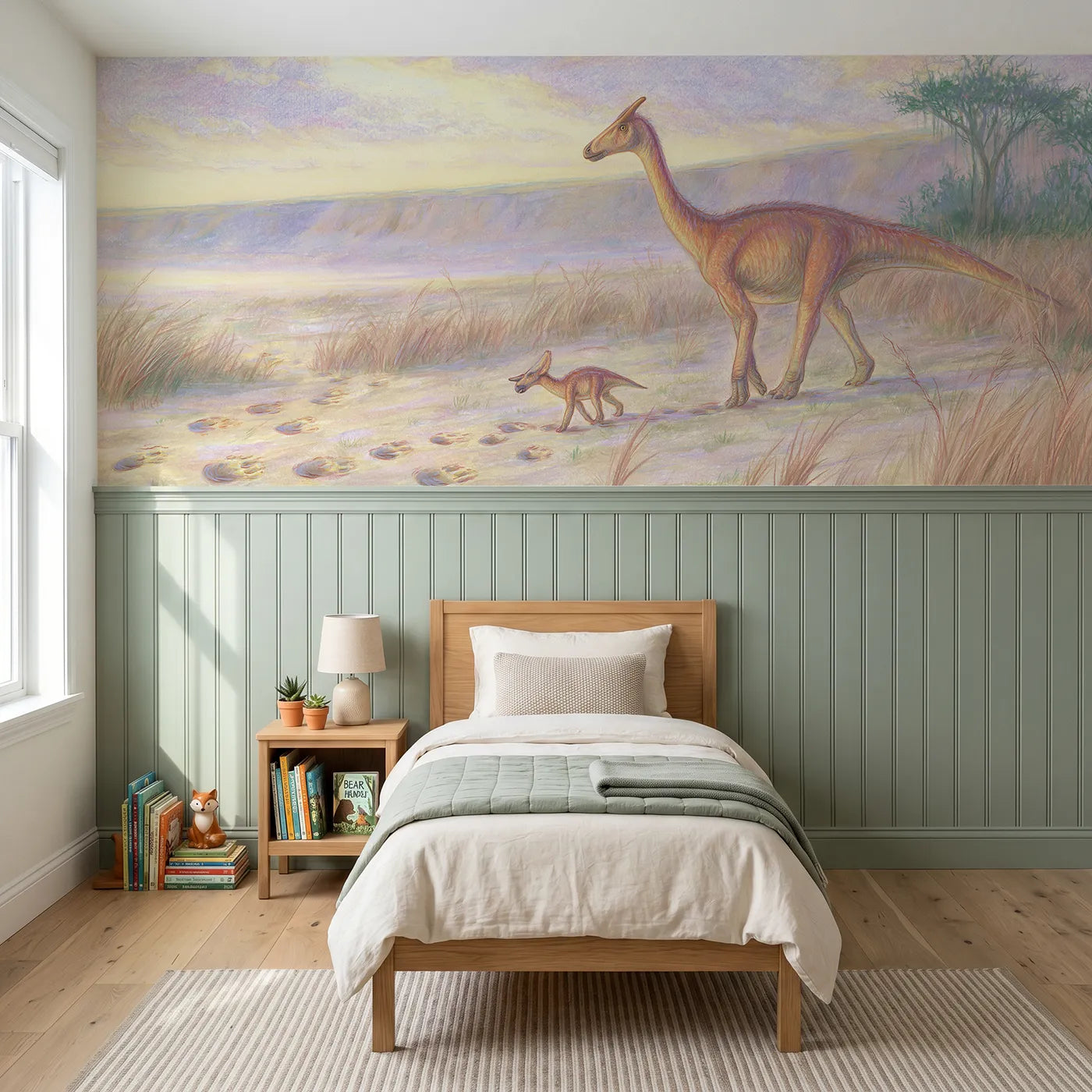 Colored pencil wainscoting wallpaper of a baby dino following footprints by Whimsy Tots