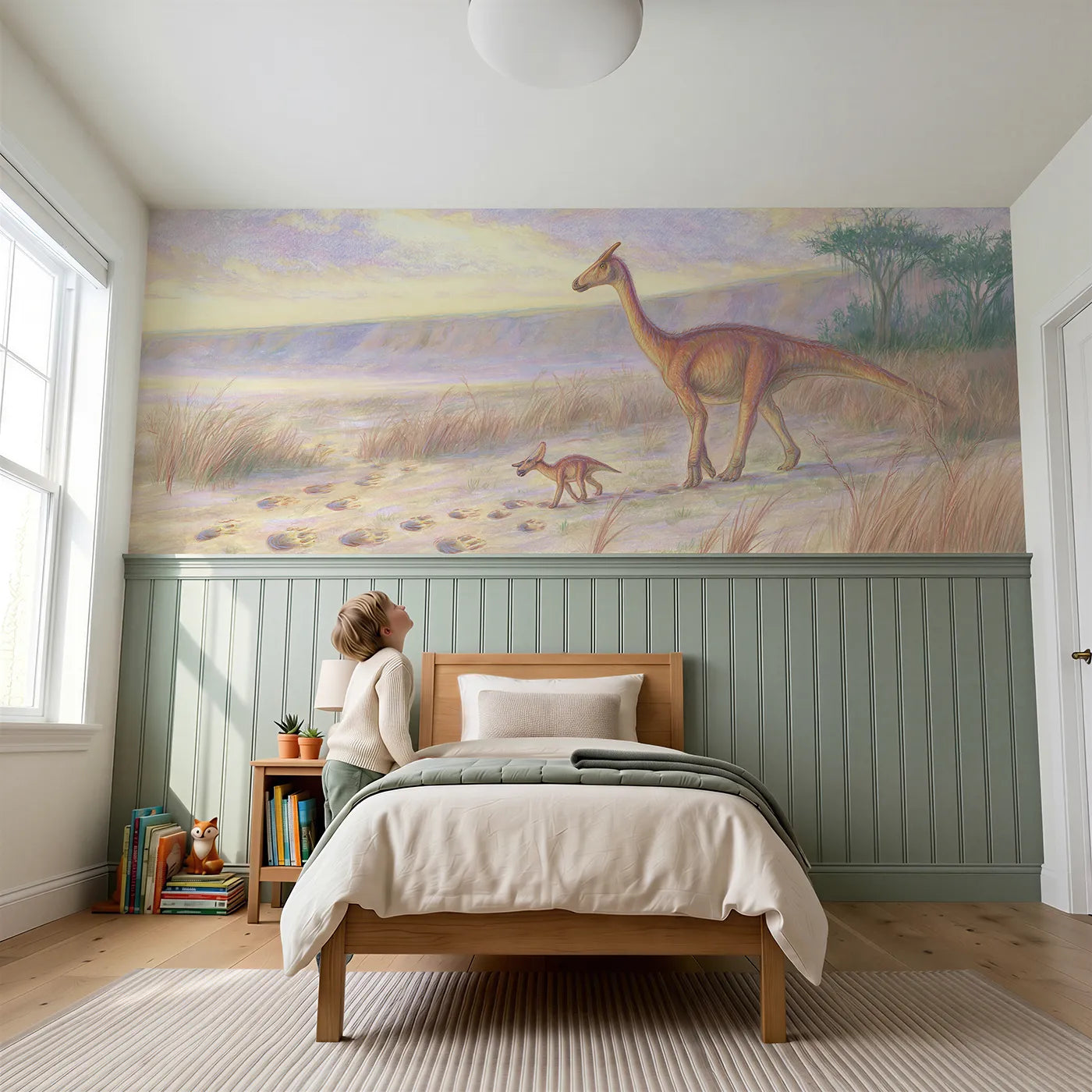 Child reading near Baby Dino Following Footsteps Wainscoting Wallpaper by Whimsy Tots