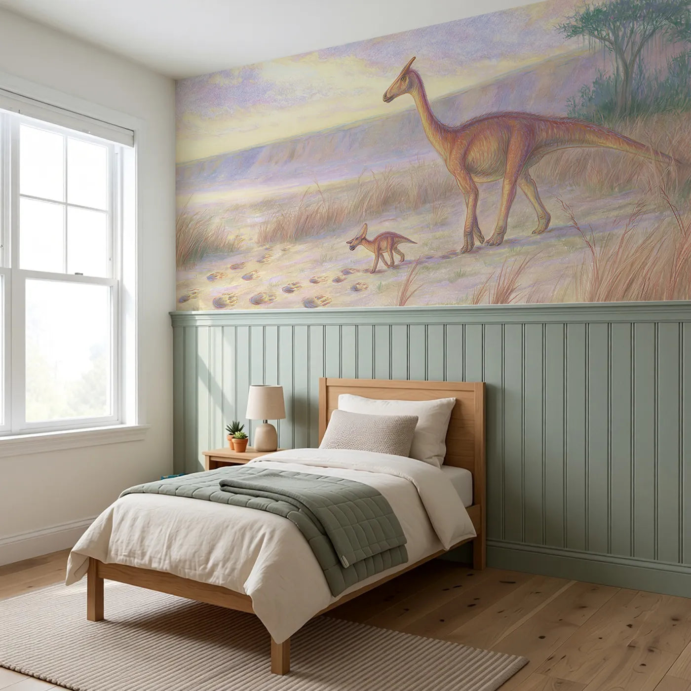 Baby Dino Following Footsteps Wainscoting Wallpaper styled in a kids room by Whimsy Tots