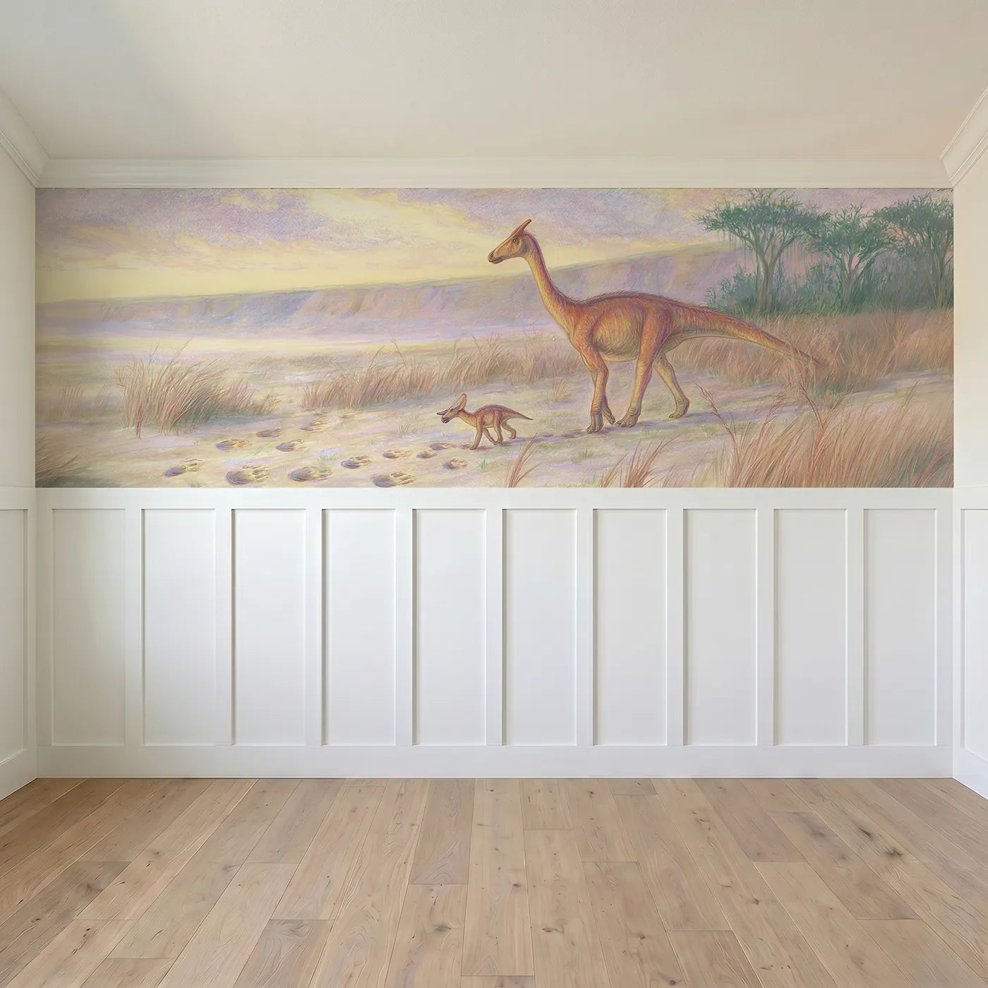 Full panel view of Baby Dino Following Footsteps Wainscoting Wallpaper by Whimsy Tots