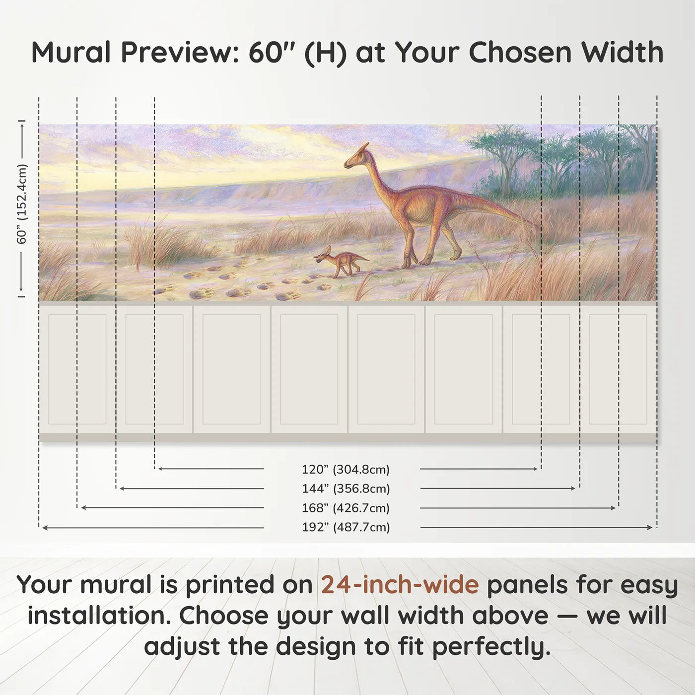 Panel dimensions for Baby Dino Following Footsteps Wainscoting Wallpaper by Whimsy Tots