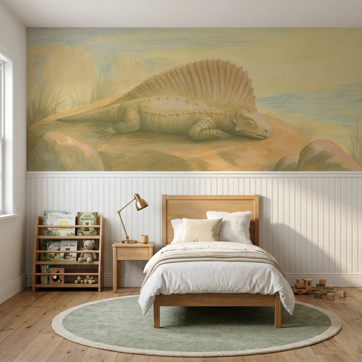 Colored pencil wainscoting wallpaper of a dimetrodon napping in the sun by Whimsy Tots
