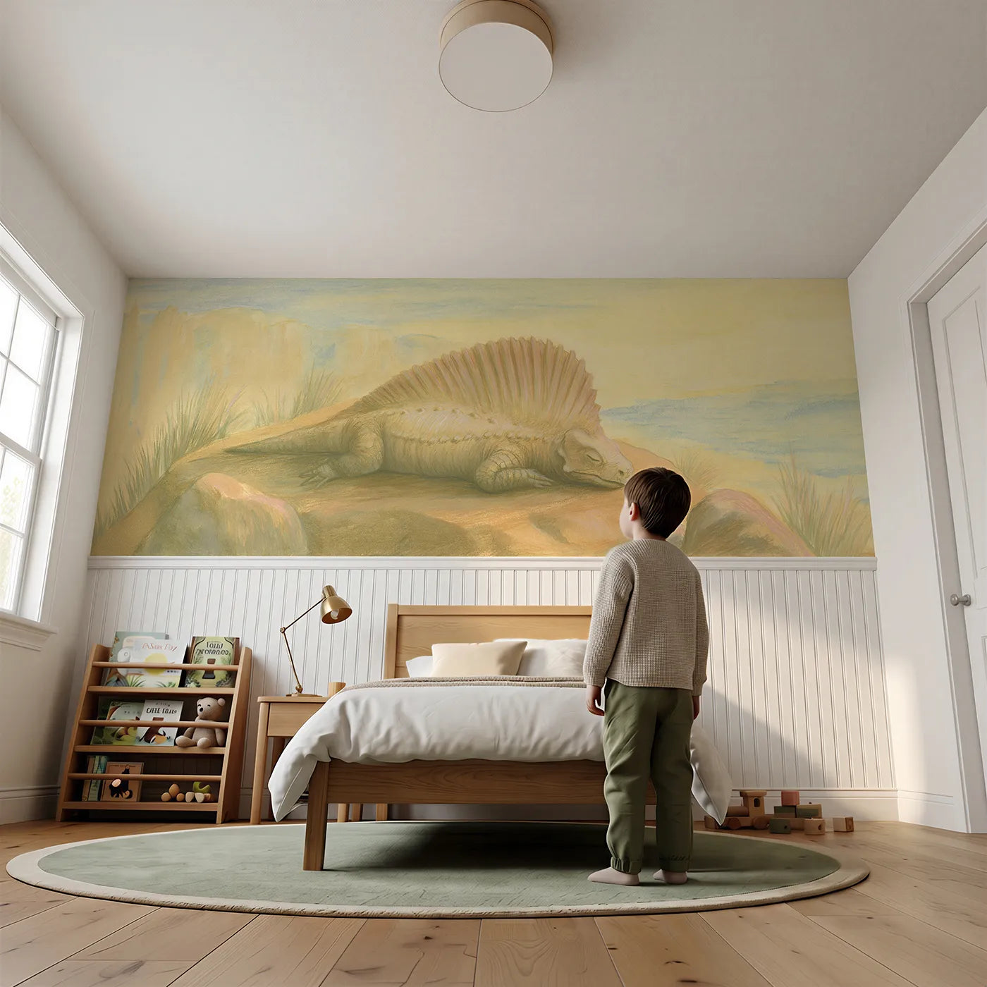 Child reading near Dimetrodon Sunny Sail Nap Wainscoting Wallpaper by Whimsy Tots