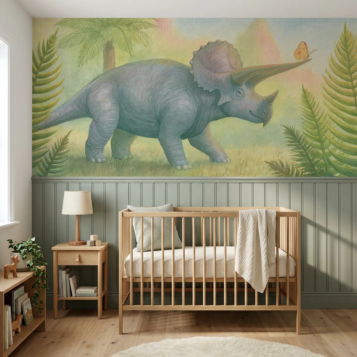Colored pencil wainscoting wallpaper of a butterfly on a triceratops horn by Whimsy Tots