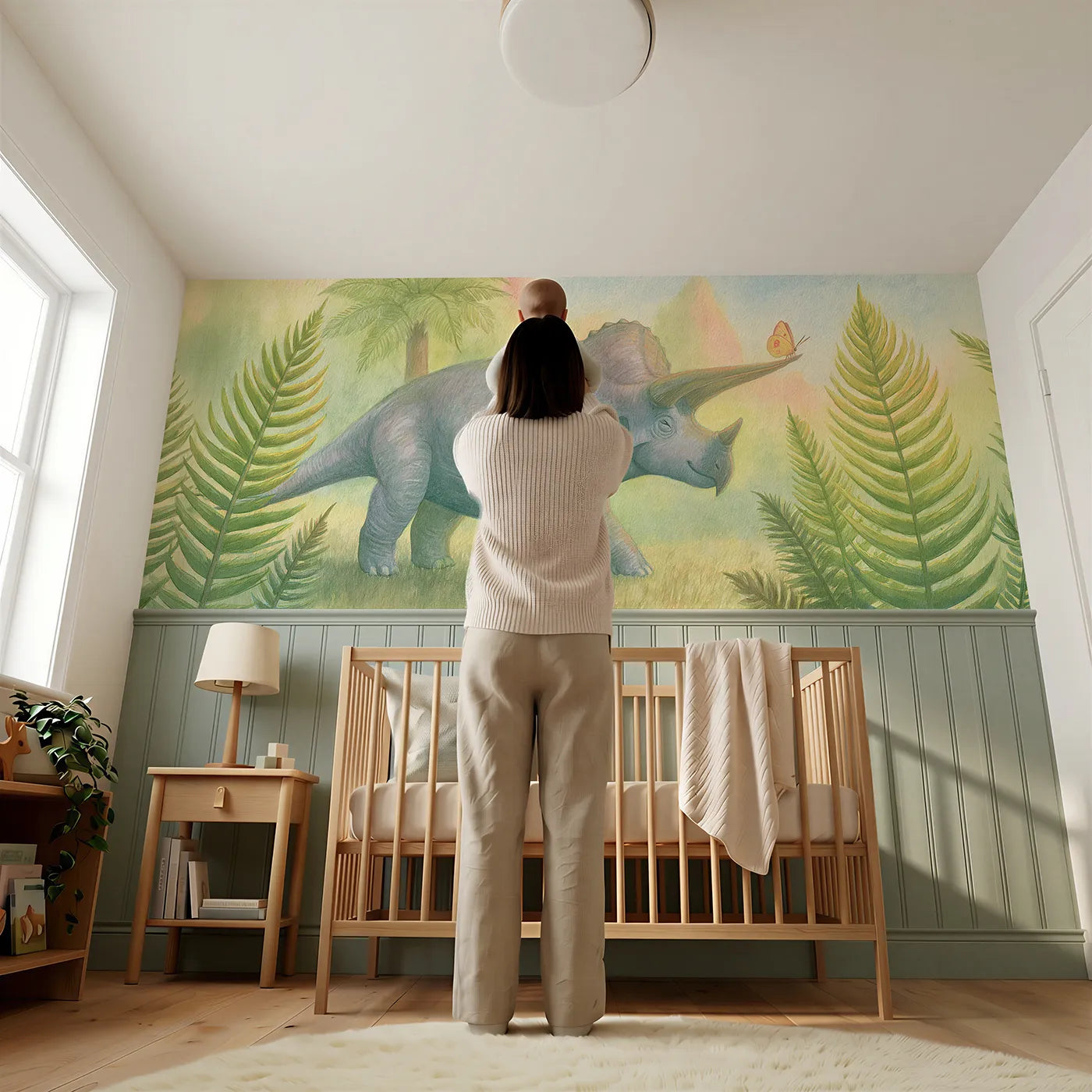 Child reading near Triceratops Horn Butterfly Rest Wainscoting Wallpaper by Whimsy Tots