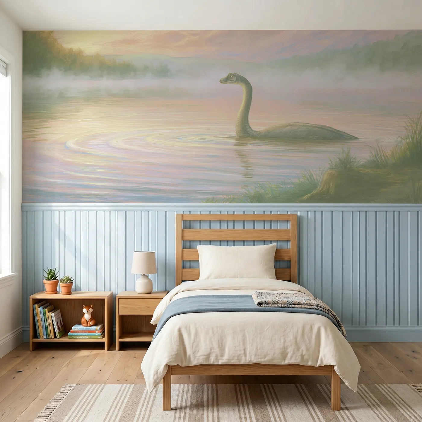 Colored pencil wainscoting wallpaper of a plesiosaurus peeking from a lagoon by Whimsy Tots