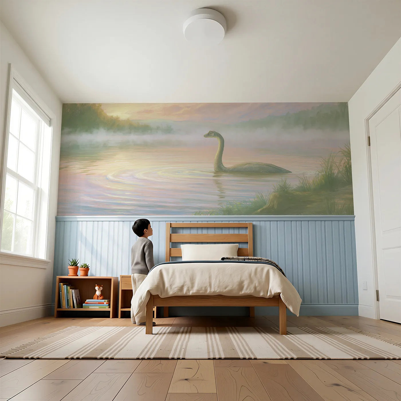 Child reading near Plesiosaurus Lagoon Peek Wainscoting Wallpaper by Whimsy Tots