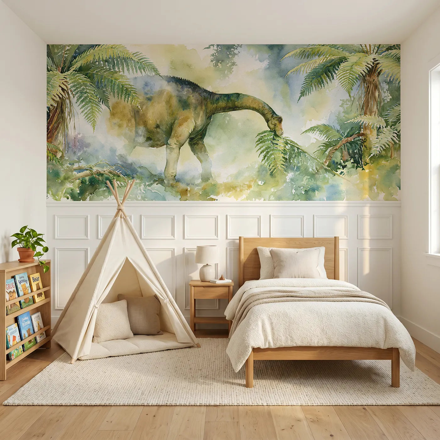 Watercolor wainscoting mural of a sauropod eating giant ferns by Whimsy Tots