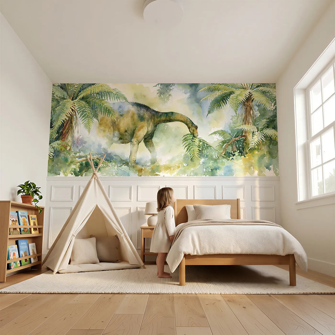 Child reading near Sauropod Fern Breakfast Wainscoting Wallpaper by Whimsy Tots