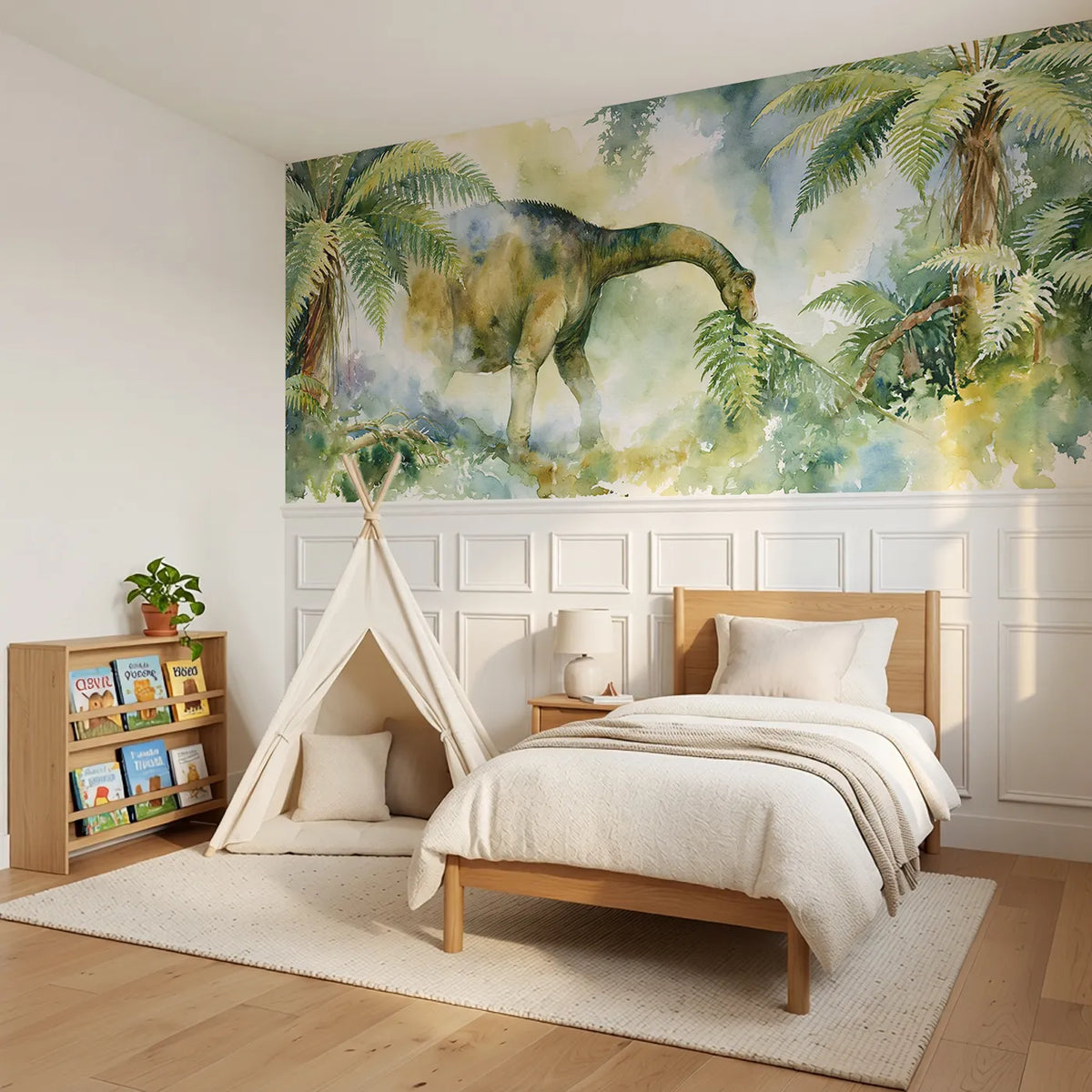 Sauropod Fern Breakfast Wainscoting Wallpaper styled in a kids room by Whimsy Tots