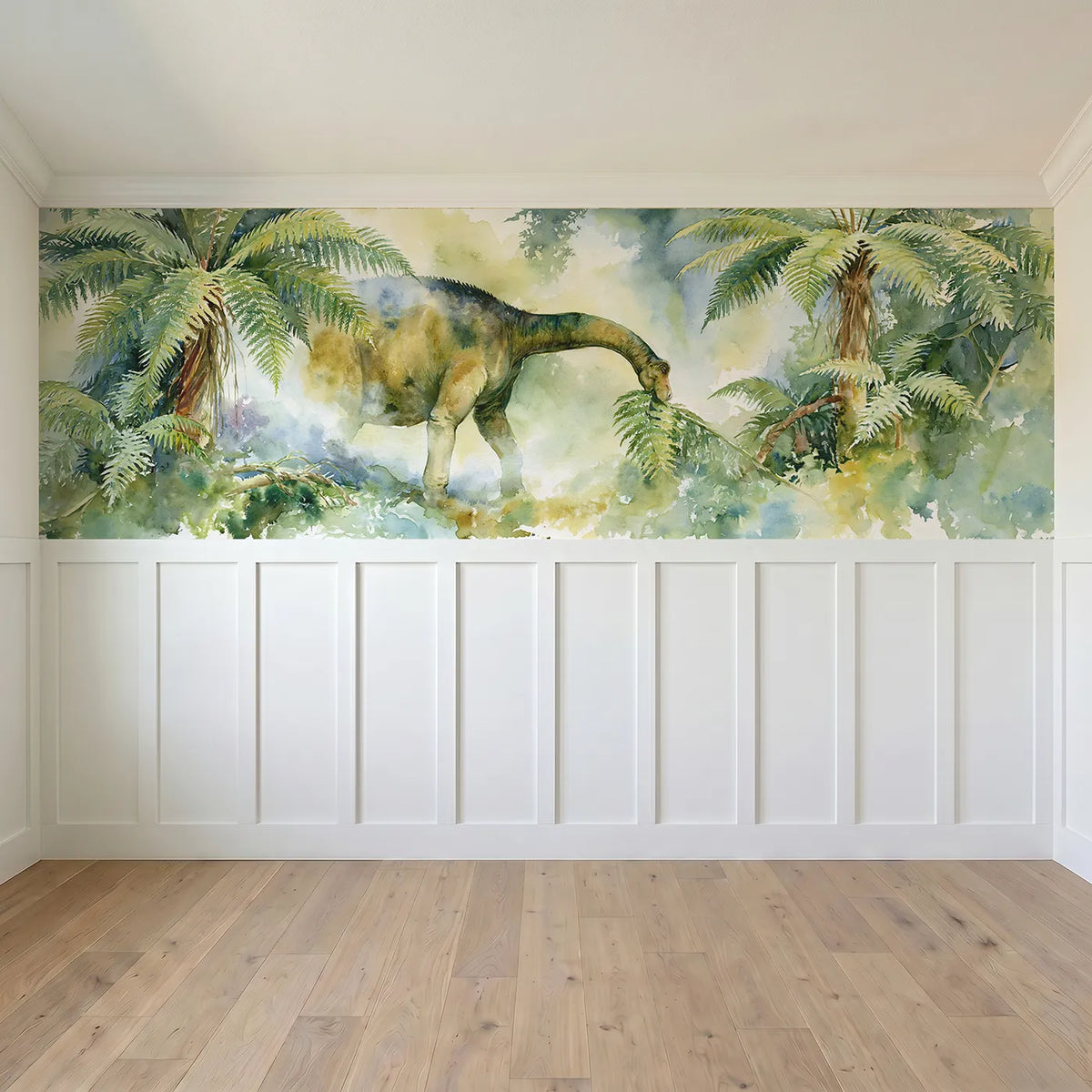 Full panel view of Sauropod Fern Breakfast Wainscoting Wallpaper by Whimsy Tots
