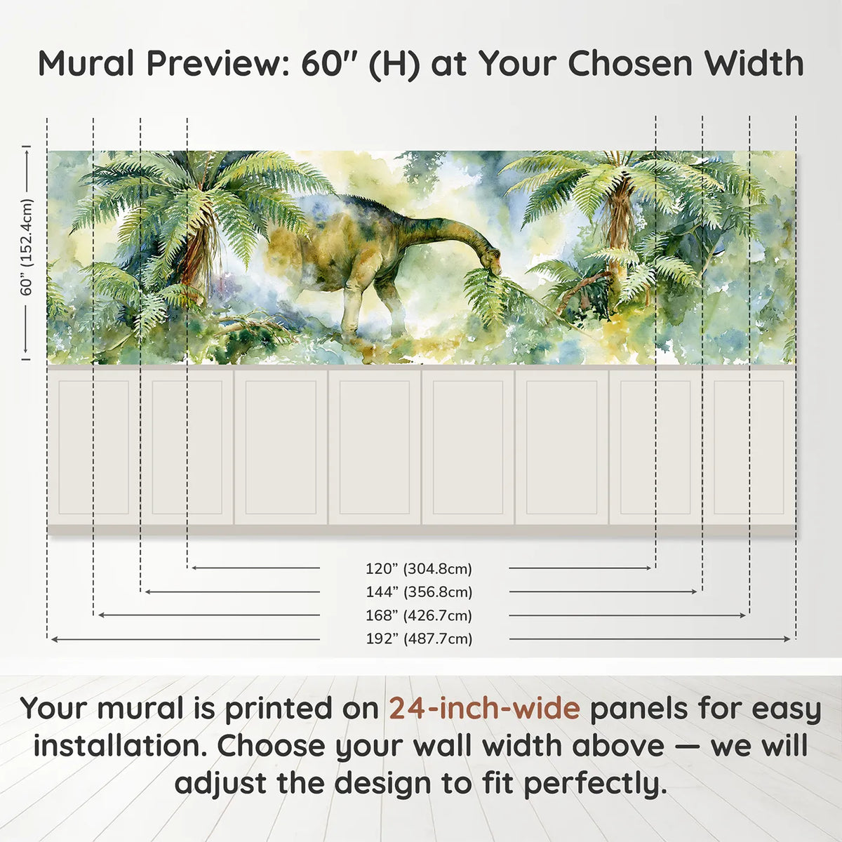 Panel dimensions for Sauropod Fern Breakfast Wainscoting Wallpaper by Whimsy Tots