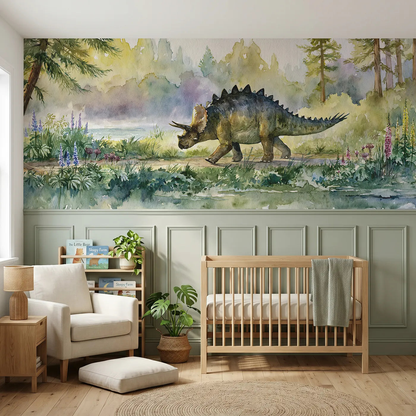Watercolor wainscoting wallpaper of a stegosaurus on a flower path by Whimsy Tots