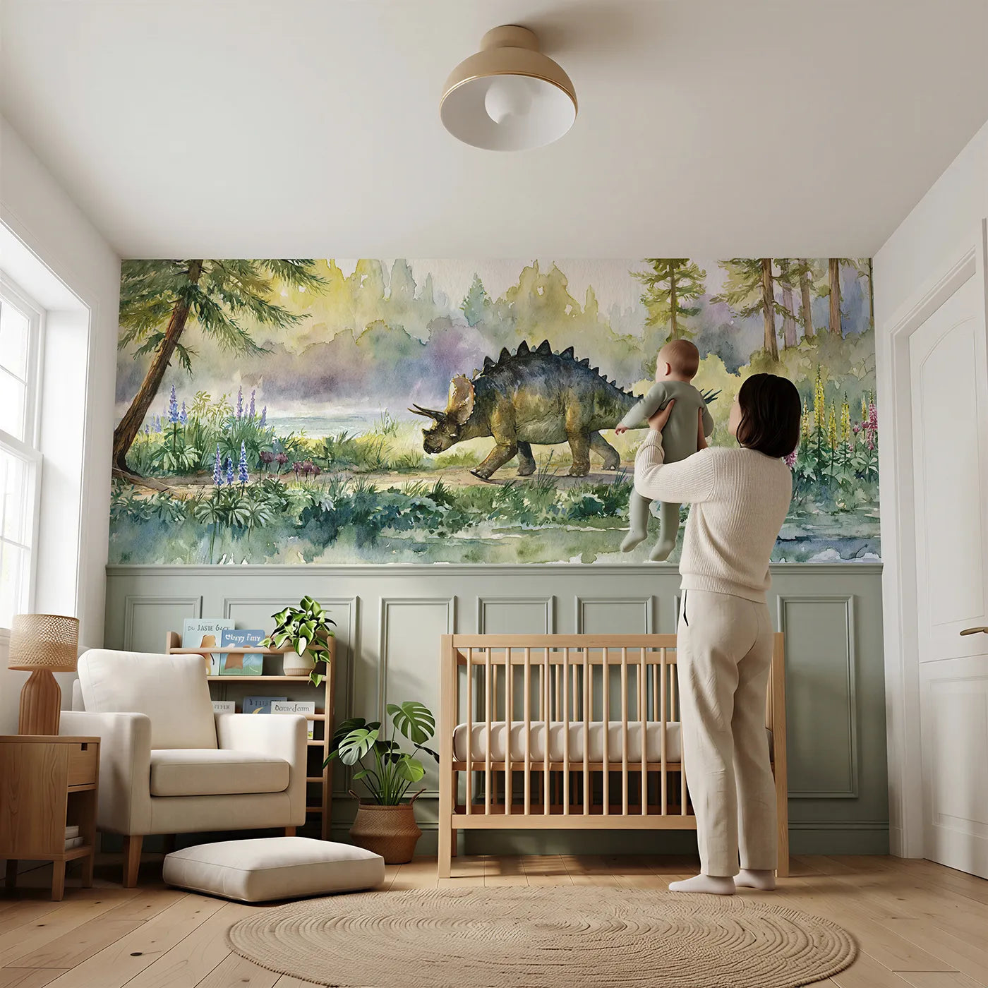 Child reading near Stegosaurus Blossom Path Wainscoting Wallpaper by Whimsy Tots