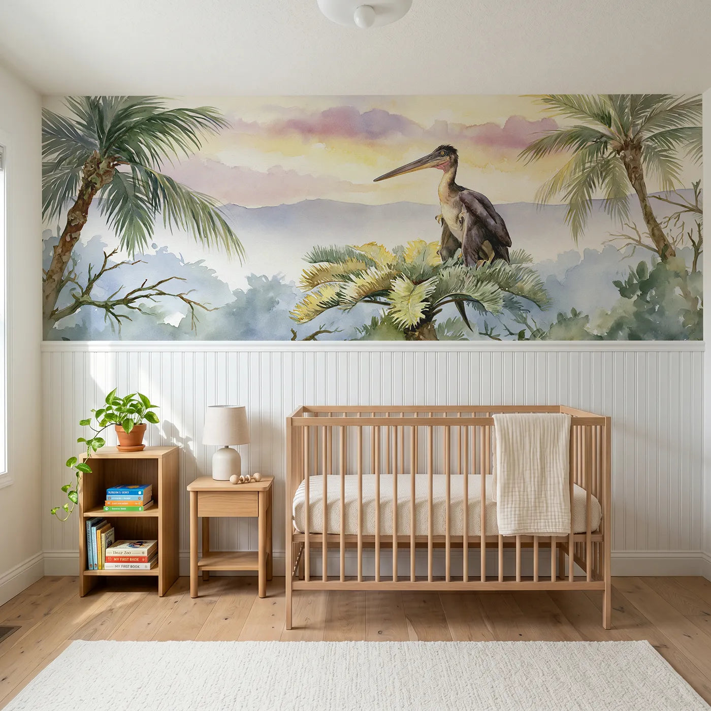 Watercolor wainscoting wallpaper of a pterosaur perched on a cycad by Whimsy Tots