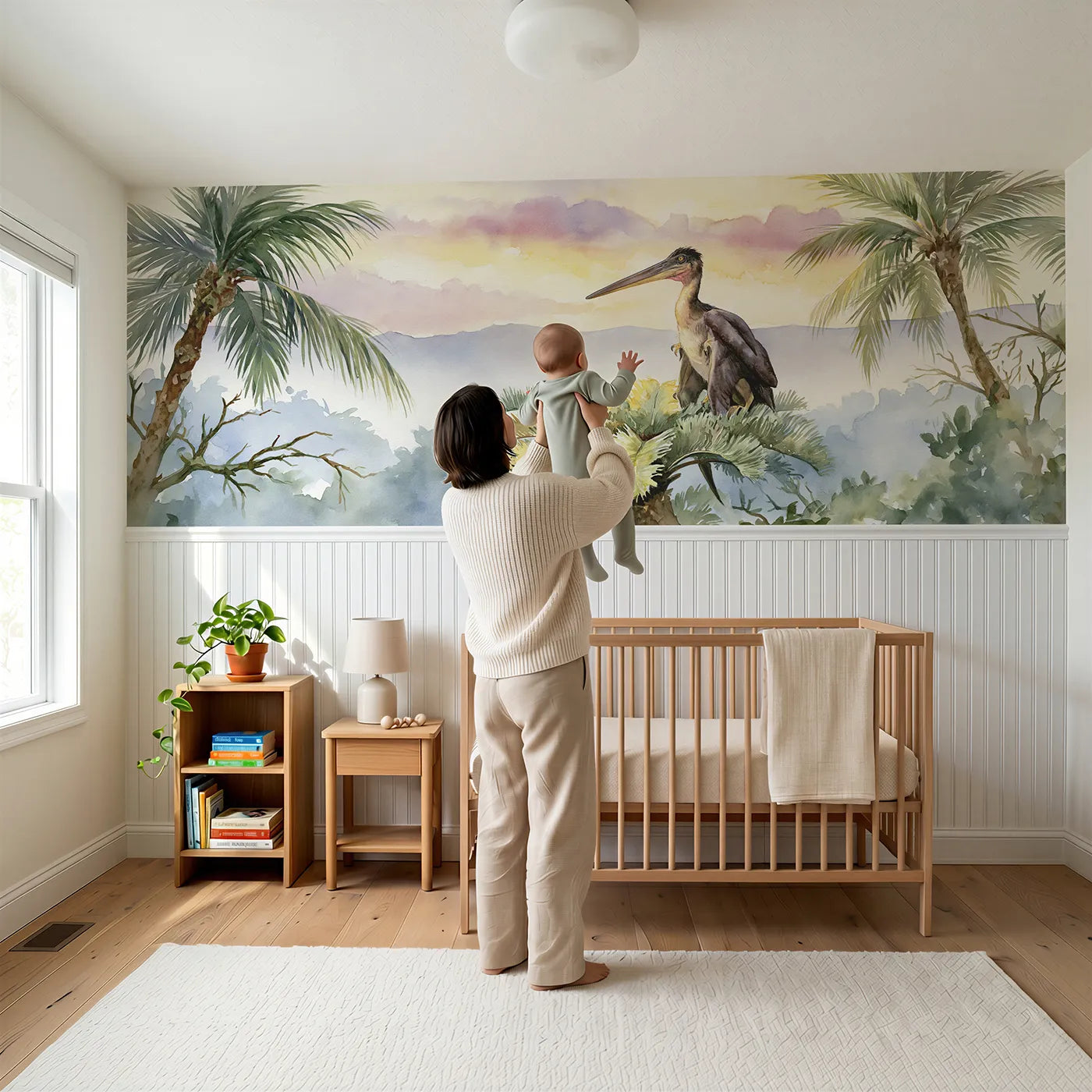 Child reading near Pterosaur Cycad Perch Morning Wainscoting Wallpaper by Whimsy Tots