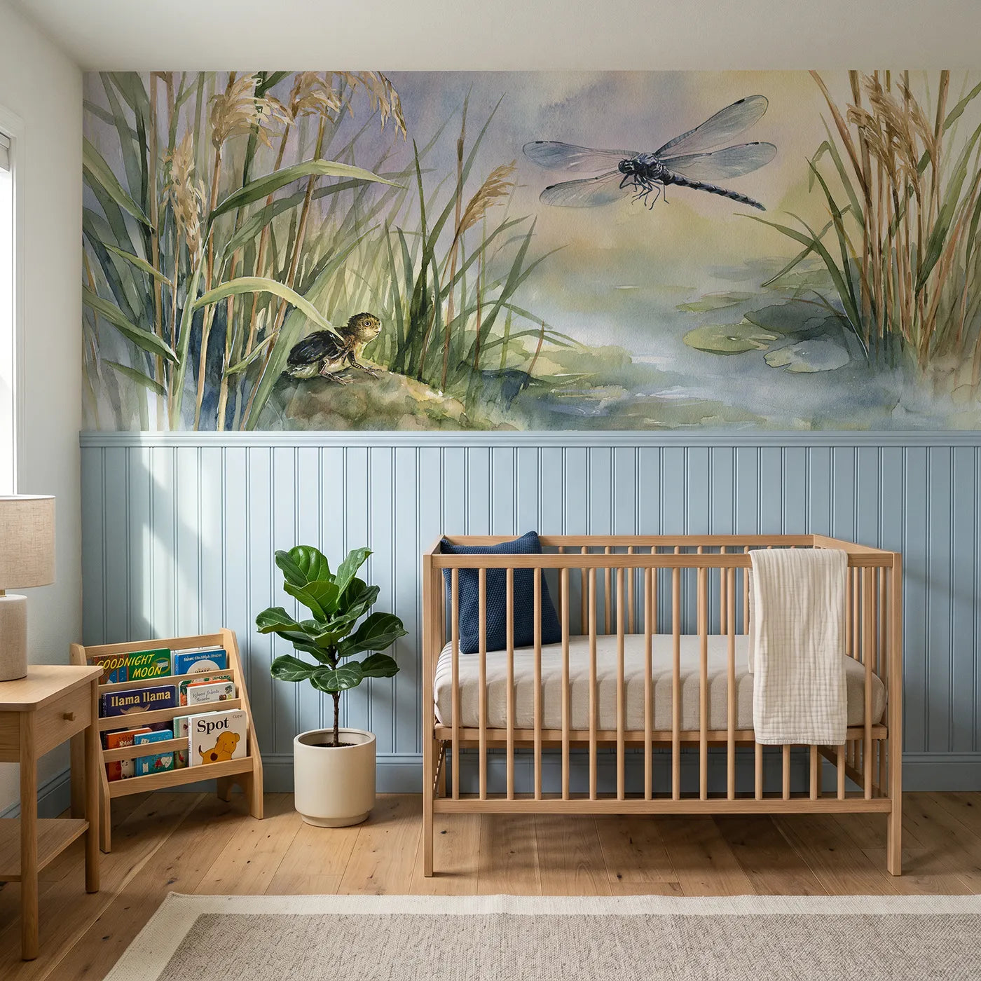 Watercolor wainscoting wallpaper of a baby dino watching a dragonfly by Whimsy Tots