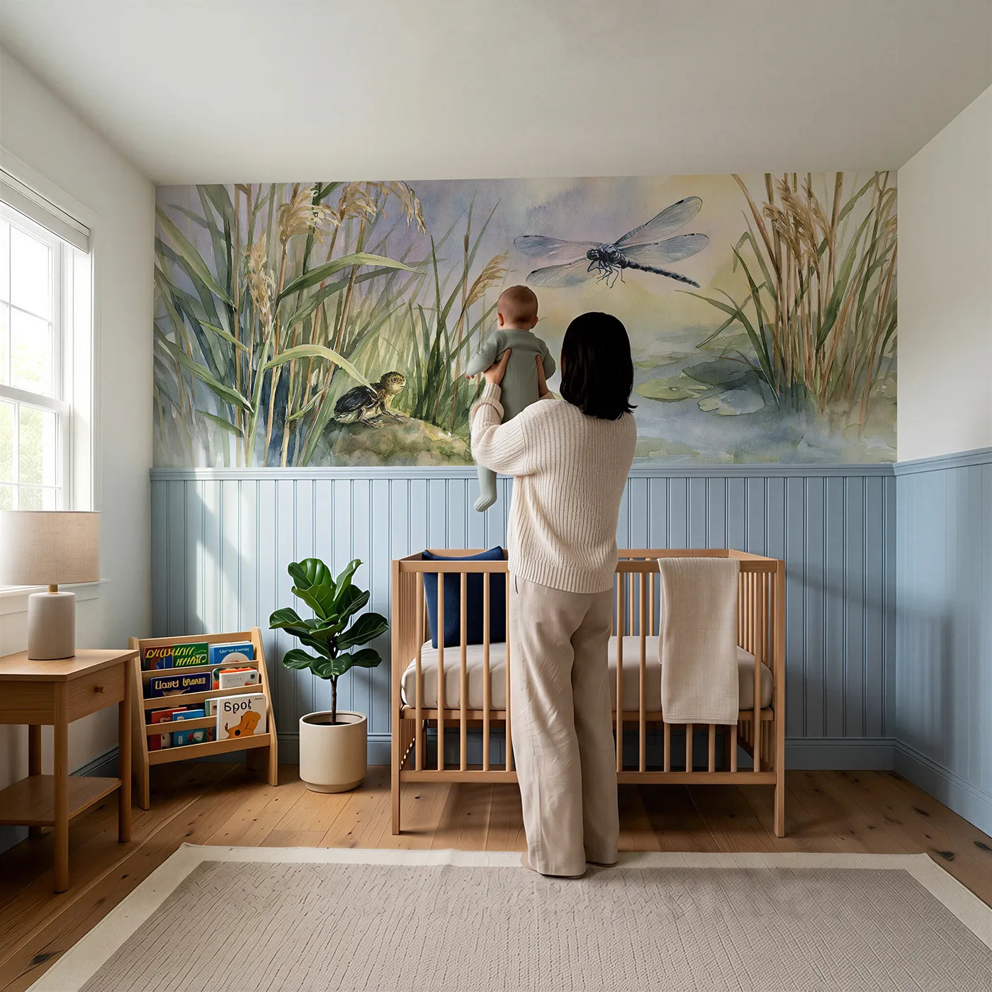 Child reading near Baby Dino Dragonfly Watch Wainscoting Wallpaper by Whimsy Tots
