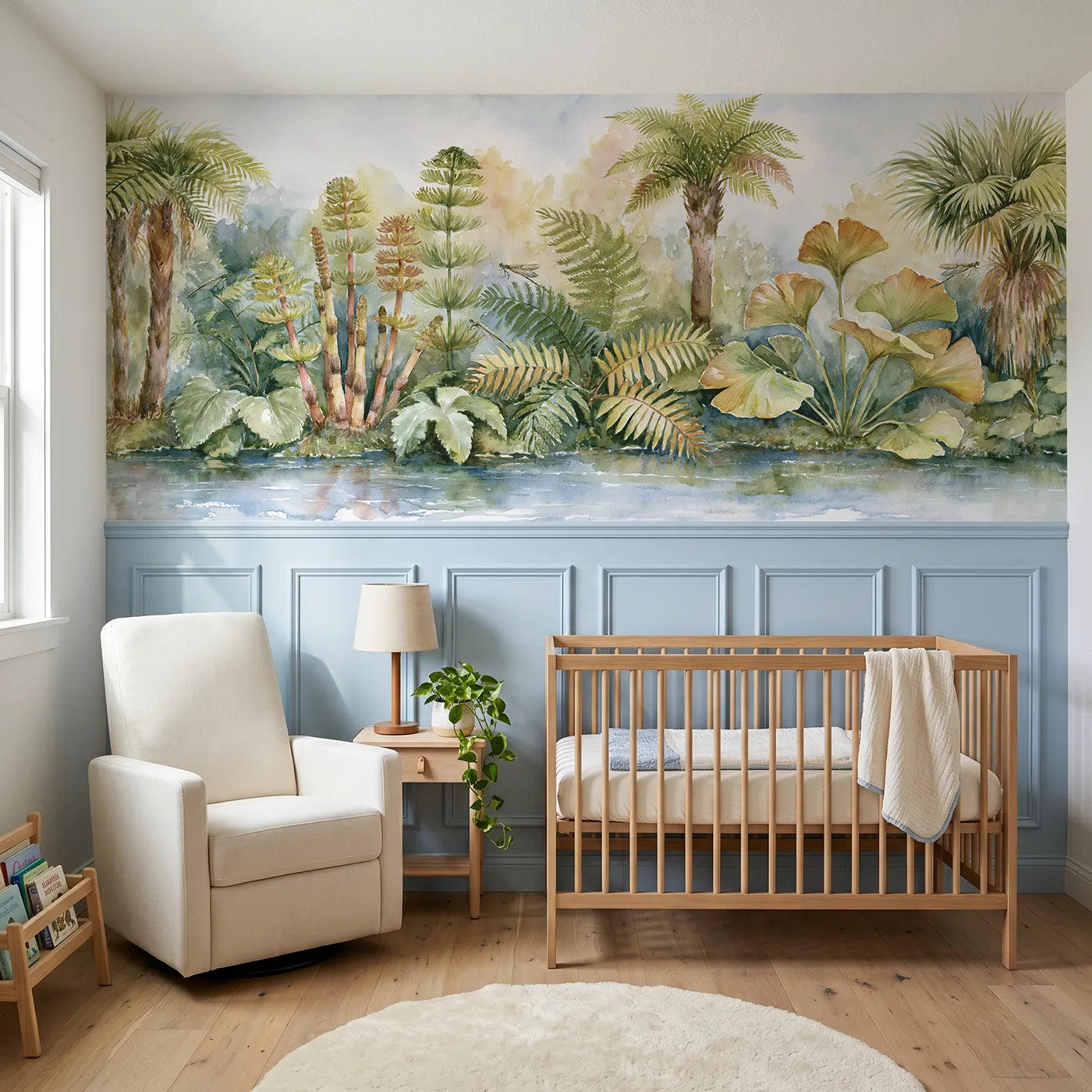 Watercolor wainscoting wallpaper of prehistoric plants along a stream by Whimsy Tots