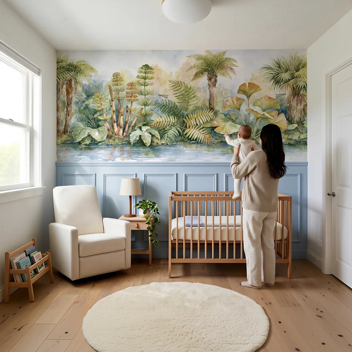 Child reading near Prehistoric Stream Horsetails Wainscoting Wallpaper by Whimsy Tots