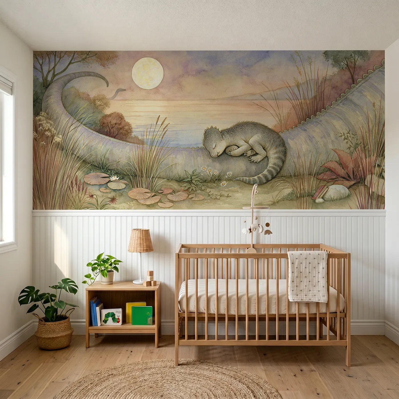 Storybook wainscoting wallpaper of a baby dino asleep in a tail curve by Whimsy Tots