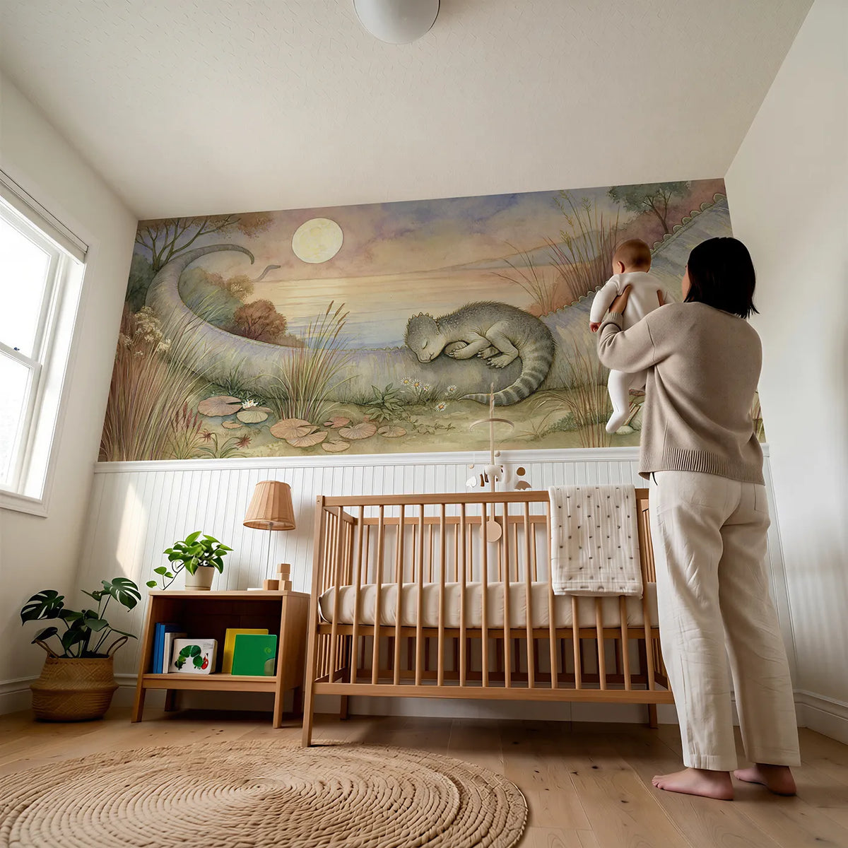 Child reading near Sauropod Tail Cradle Lullaby Wainscoting Wallpaper by Whimsy Tots