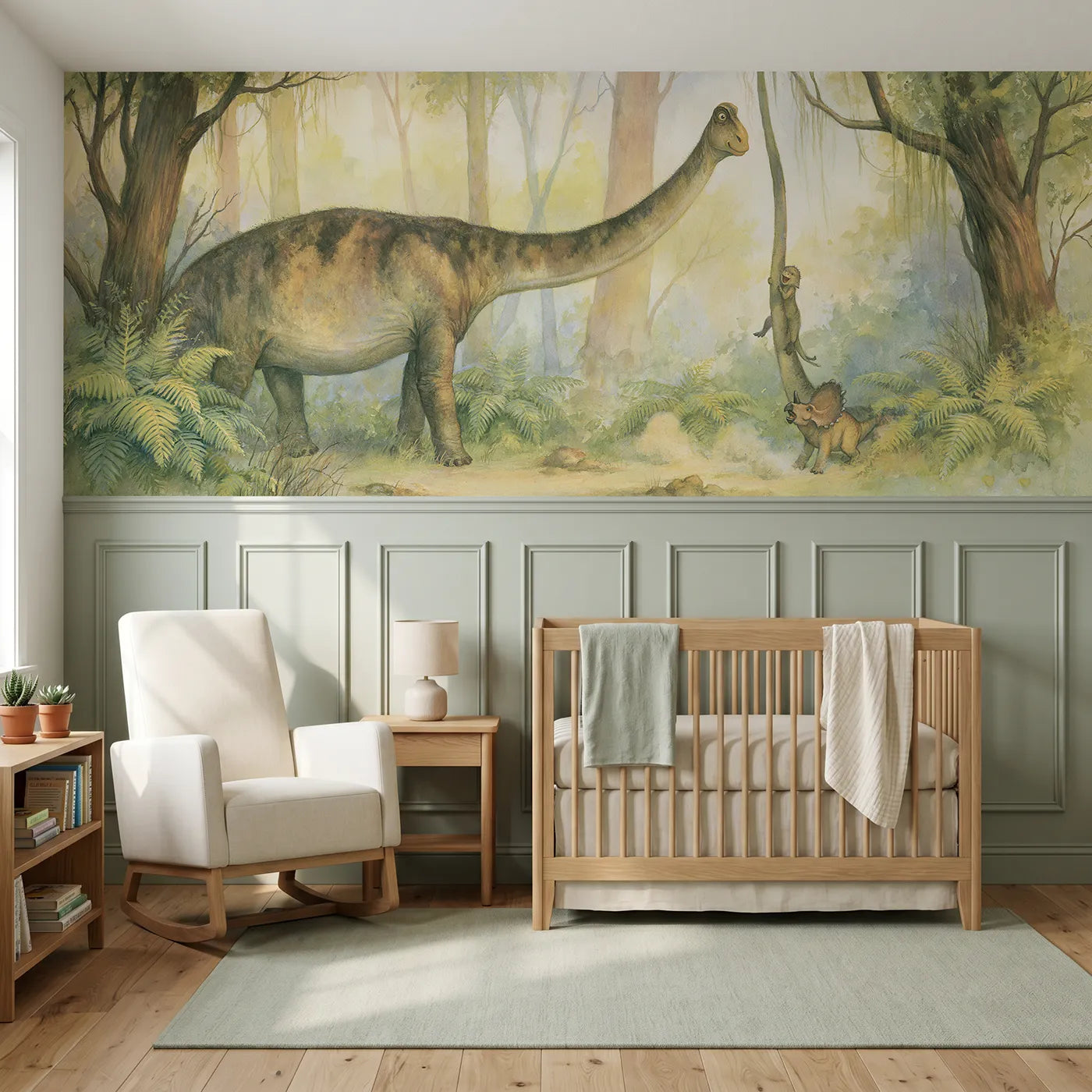 Storybook wainscoting wallpaper of a baby dino sliding down a sauropod neck by Whimsy Tots